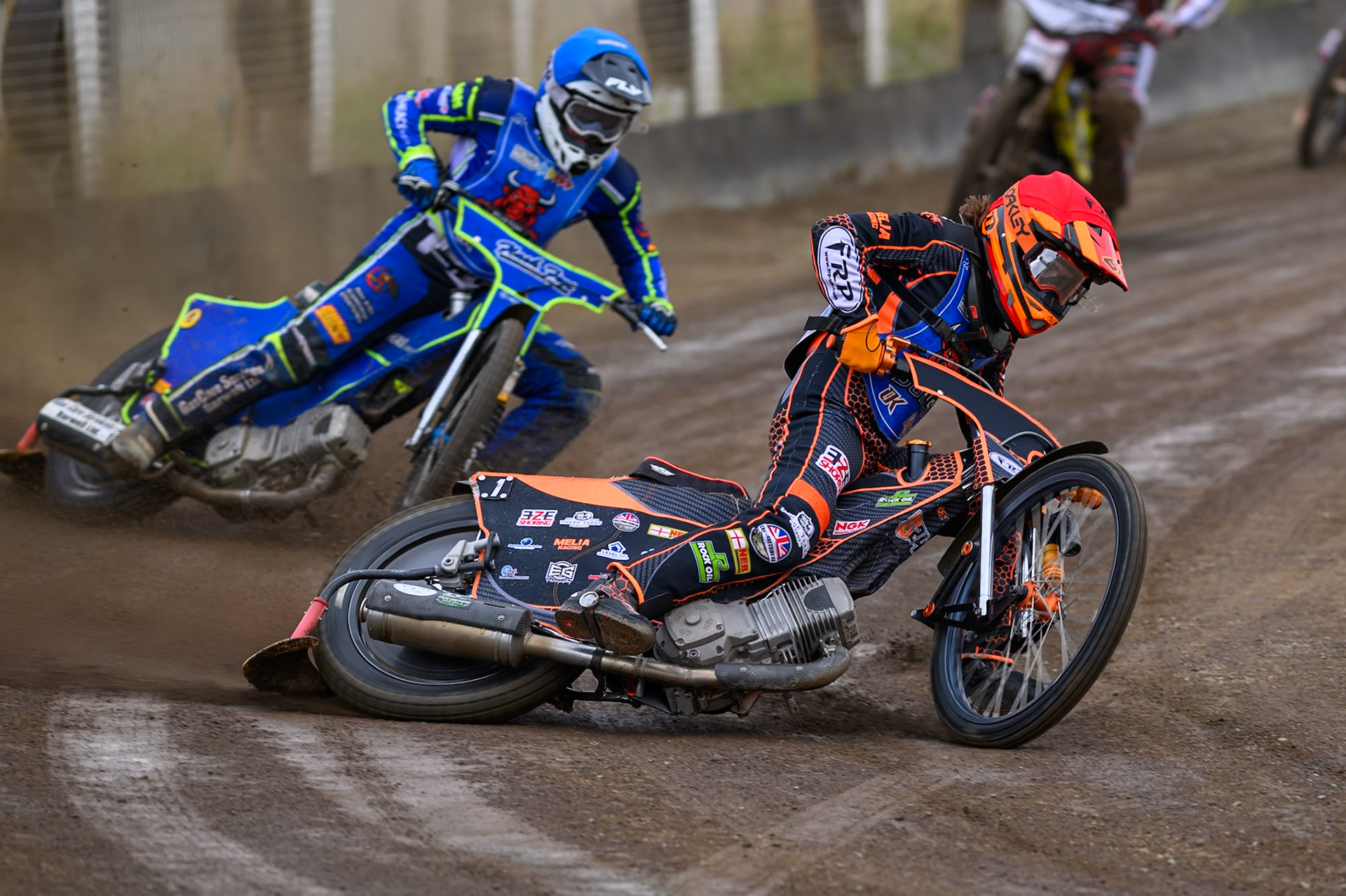 Jack Smith of Buxton Bulls in Red leading Arran Butcher of Buxton Bulls in Blue during the WSRA National Development League match  between Buxton Bulls and Middlesborough Tigers at Hi-Edge Speedway, Buxton on Sunday 16th August 2026. (Photo: Ian Charles | MI News)