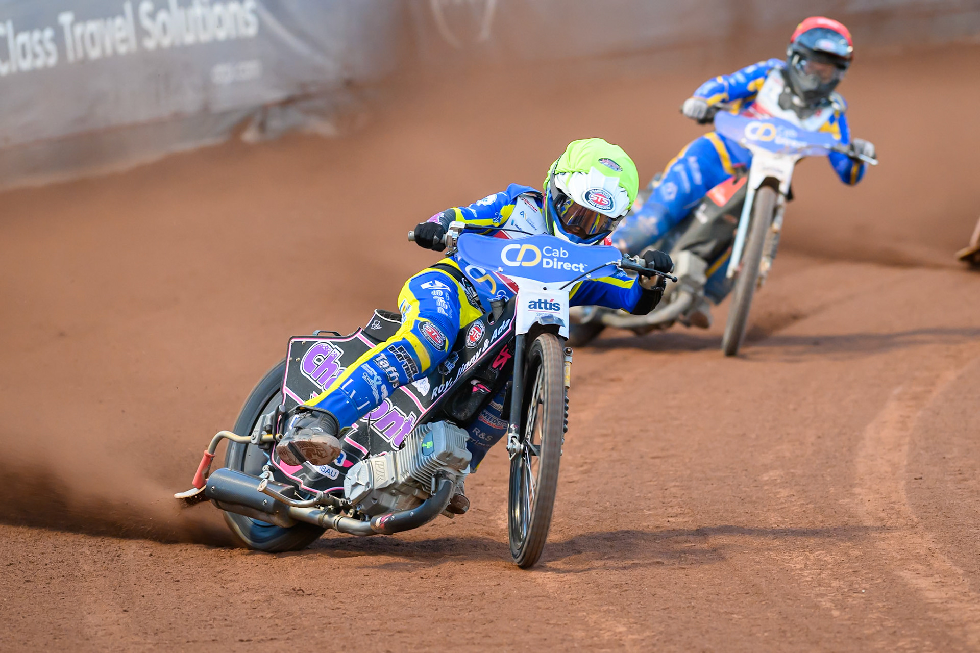 Leon Flint (14) in Yellow leading Dan Thompson (8) in Red  during the Cab Direct British Speedway Championship Final at the National Speedway Stadium, Manchester on Saturday 15th August 2026. (Photo: Ian Charles | MI News)