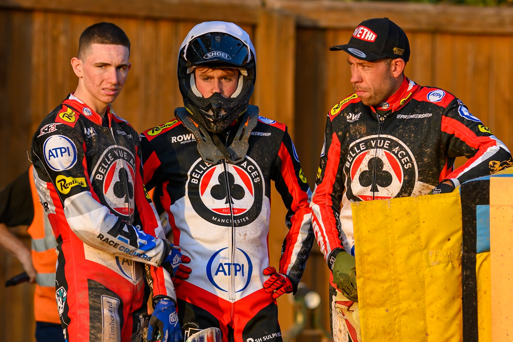 (L to R) Will Cairns of Belle Vue Aces, Norick Blodorn of Belle Vue Aces and Peter Kildemand of Belle Vue Aces watching the track prep during the Rowe Motor Oil Premiership match between Leicester Lions and Belle Vue Aces at the Hydroscan Arena, Leicester on Thursday 23rd July 2026. (Photo: Ian Charles | MI News)