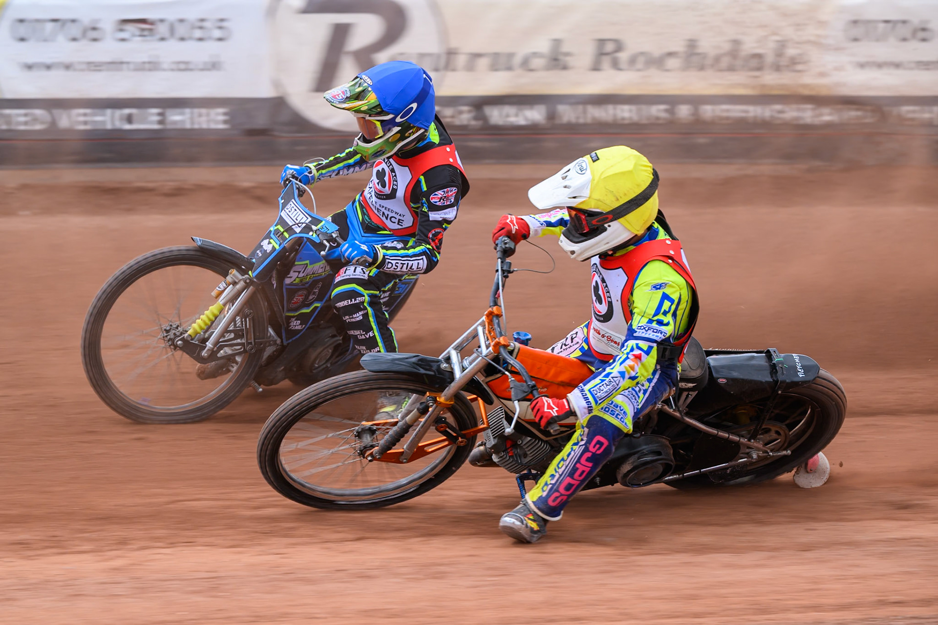 JR ASHWORTH &amp; SONS COLTS ACADEMY INDIVIDUALHarry Fletcher in Yellow rides inside Senna Summers in Blue before he slides off during the JR Ashworth &amp; Sons Colts Individual at the National Speedway Stadium, Manchester on Sunday 10th May 2026. (Photo: Ian Charles | MI News)