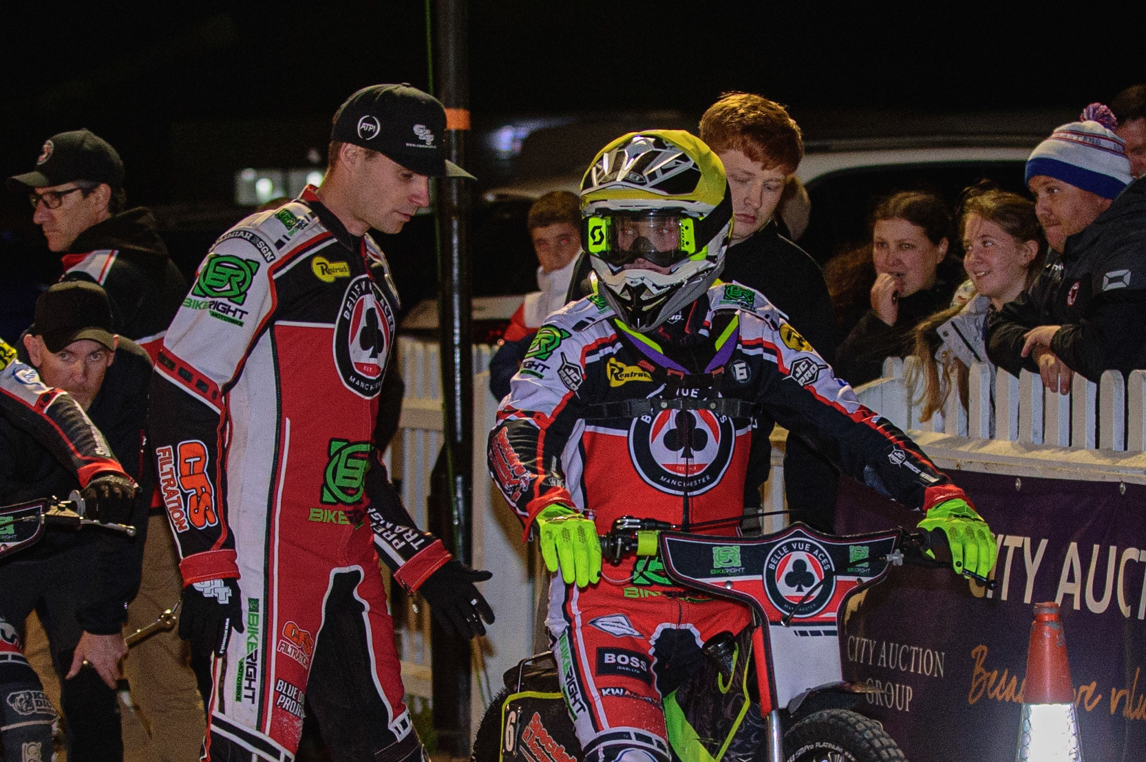 PETERBOROUGH, UK. OCT 14TH Steve Worrall   (left) offers Tom Brennan  some encouragement during the SGB Premiership Grand Final 2nd leg between Peterborough and Belle Vue Aces at East of England Showground, Peterborough on Thursday 14th October 2021. (Credit: Ian Charles | MI News)