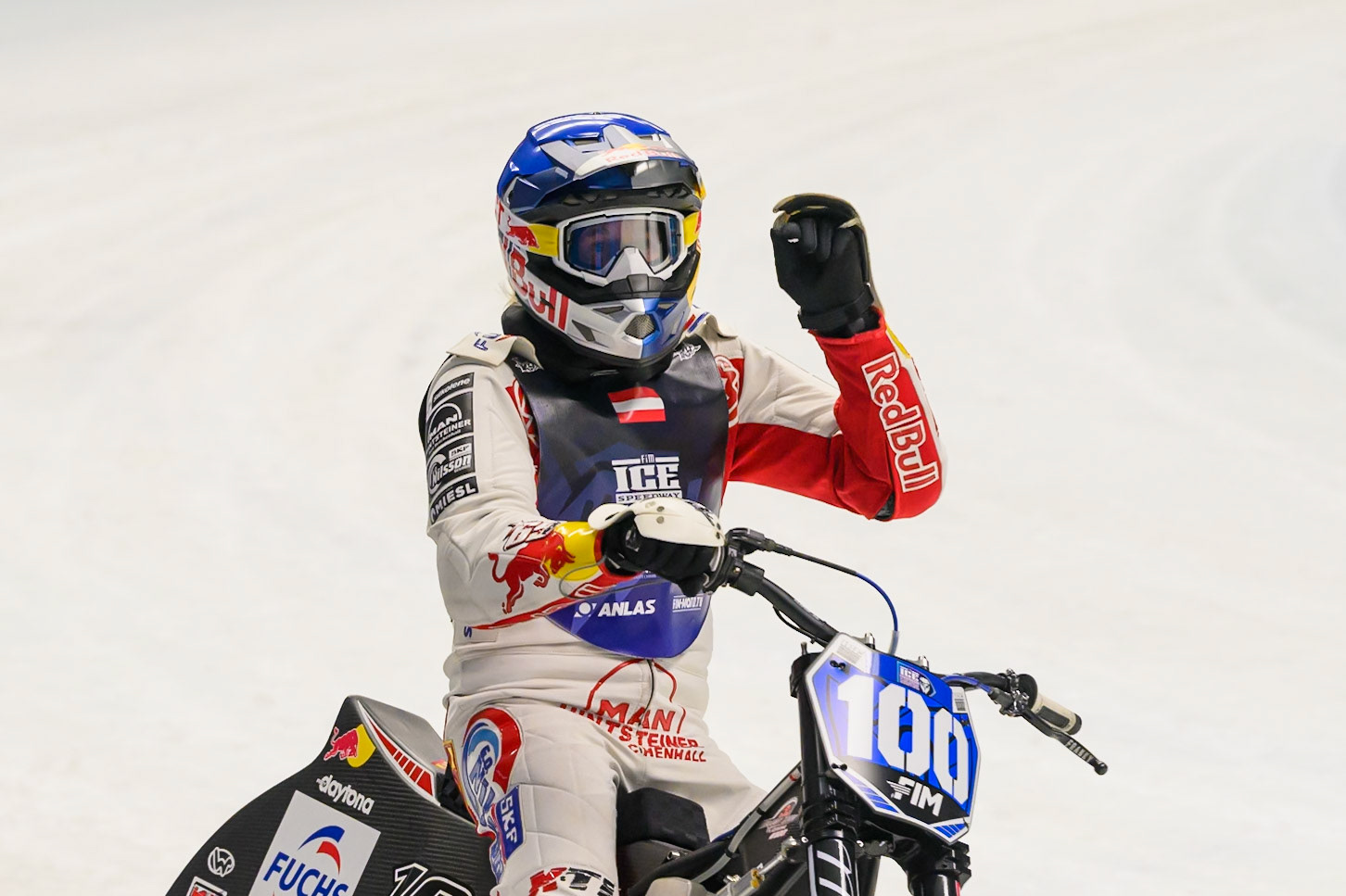 Franz Zorn (100) of Austria  waves to the fans after his Heat 6 win during the Ice Speedway Gladiators World Championship Final 2 at Max-Aicher-Arena, Inzell on Sunday 15th March 2026. (Photo: Ian Charles | MI News)