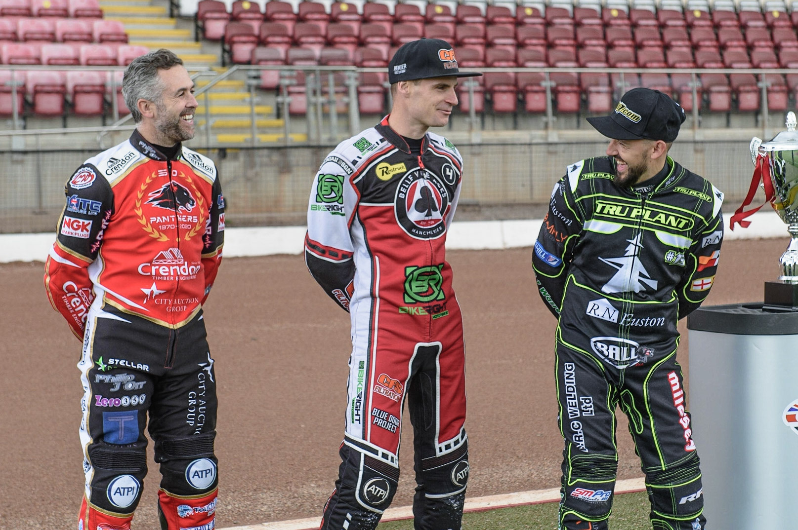 MANCHESTER, UK. MAY 12TH: The Premier League Captains: (l-r) Rory Schlein,  Lewis Kerr, Scott Nichols, Kyle Howarth, Danny King, Steve Worrall  Discovery Networks Eurosport Speedway Season Launch at the National  Speedway Stadium