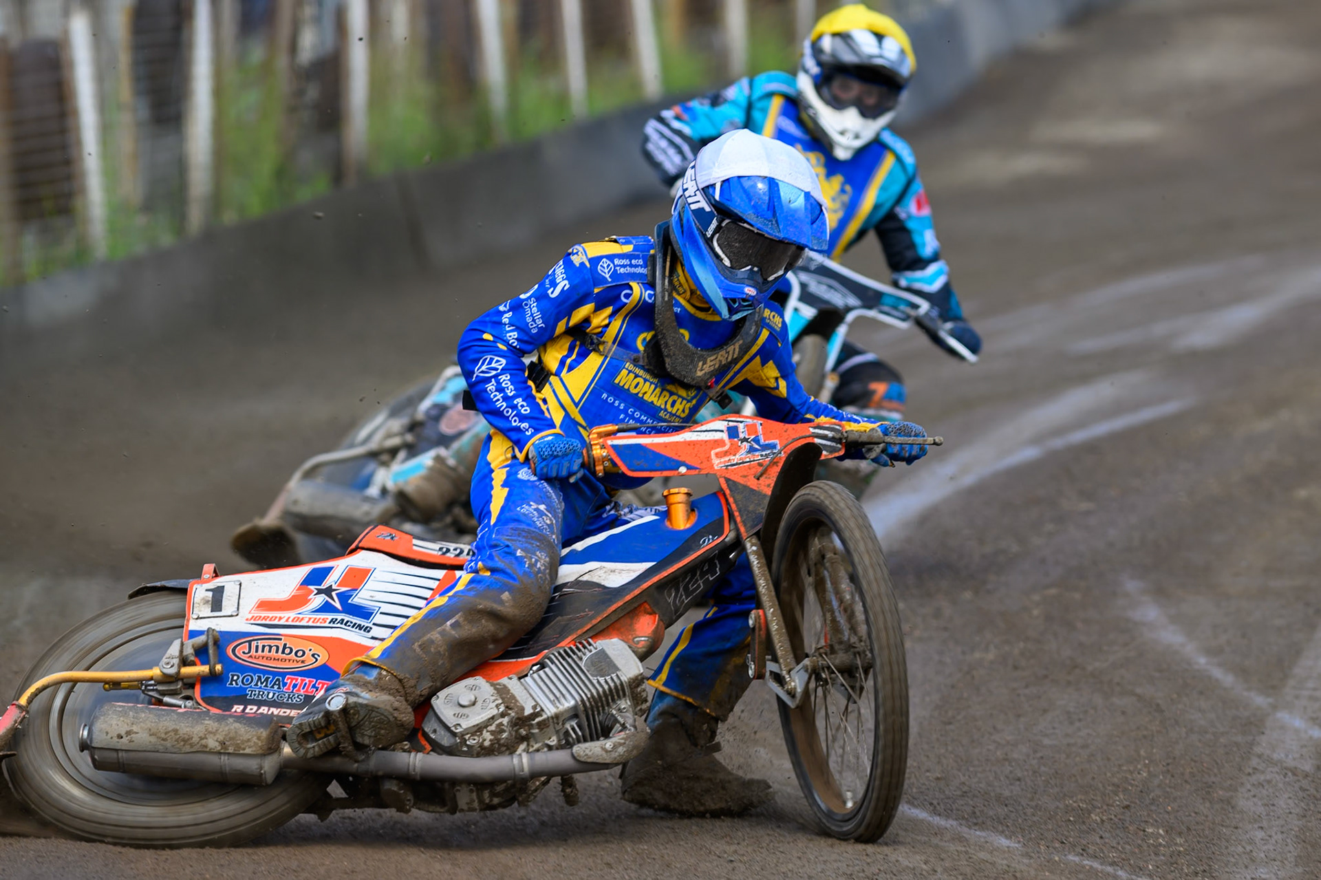 Jordy Loftus of Edinburgh Monarchs Academy in White leading Jamie Halder of Edinburgh Monarchs Academy in Yellow during the WSRA National Development League match between Buxton Bulls and Edinburgh Monarchs Academy at Hi-Edge Speedway, Buxton on Sunday 14th June 2026. (Photo: Ian Charles | MI News)