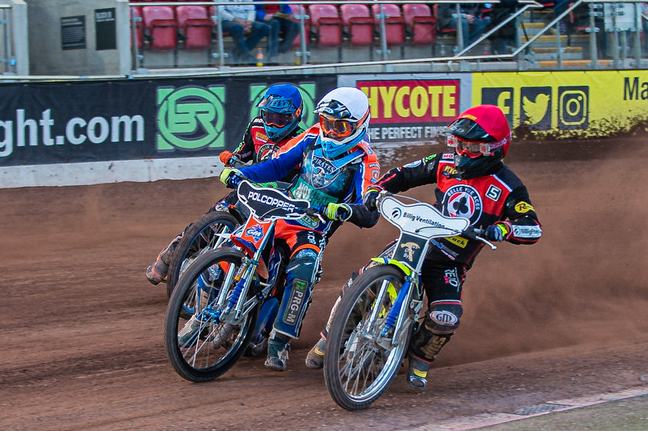 Photo by Ian Charles

Belle Vue Aces  Kenneth Bjerre  inside Brady Kurtz  (White) and Dimitri Berge (Blue)

Belle Vue Aces v Poole Pirates, British Speedway Premiership, Belle Vue National Speedway Stadium, Manchester, Monday 1  July  2019