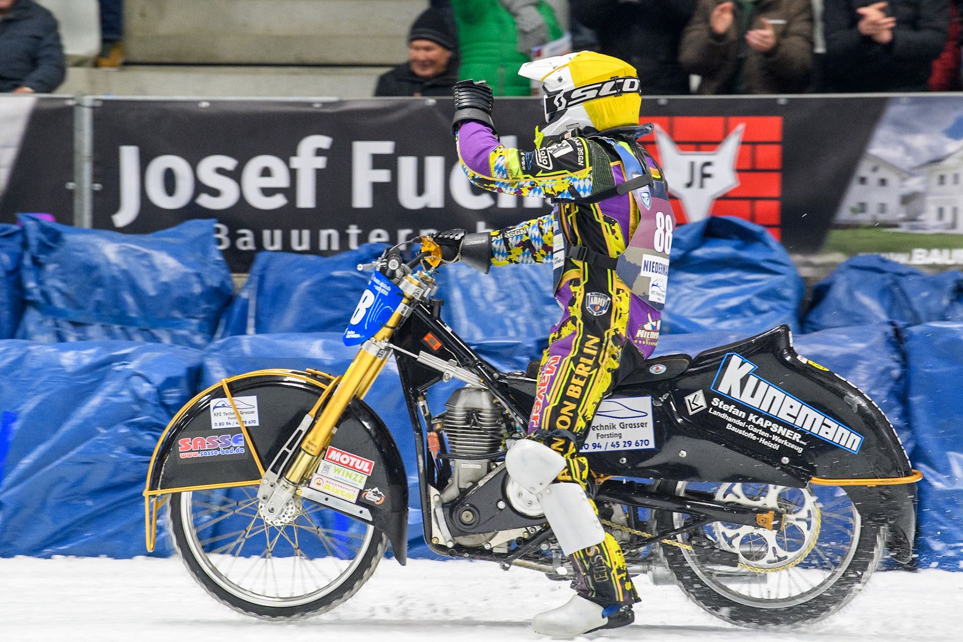 Germany's Max Niedermaier (88) celebrates his win in the Final during the FIM Ice Speedway Gladiators World Championship Final 1 at the Max-Aicher-Arena, Inzell on Saturday 23 March 2024. (Photo: Ian Charles | MI News)