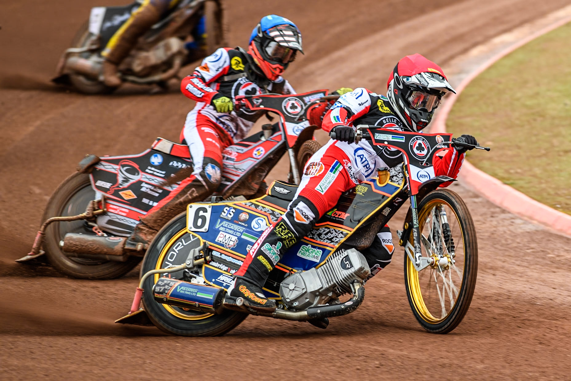 Belle Vue ATPI Aces Connor Mountain (Red) leads  team mate Connor Bailey  during the Rowe Motor Oil Premiership KO Cup Quarter Final 1st Leg between Belle Vue Aces and Sheffield Tigers at the National Speedway Stadium, Manchester on Monday 1st April 2024. (Photo: Ian Charles | MI News)