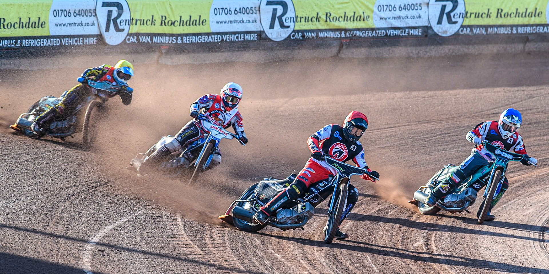Belle Vue Colts' Matt Marson in Red leading Belle Vue Colts' Guest rider Mason Watson in Blue, Middlesbrough Tigers' Jamie Halder in Yellow and Middlesbrough Tigers' Danny Phillips in White during the WSRA National Development League match between Belle Vue Colts and Middlesbrough Tigers at the National Speedway Stadium, Manchester on Monday 17th June 2024. (Photo: Ian Charles | MI News)