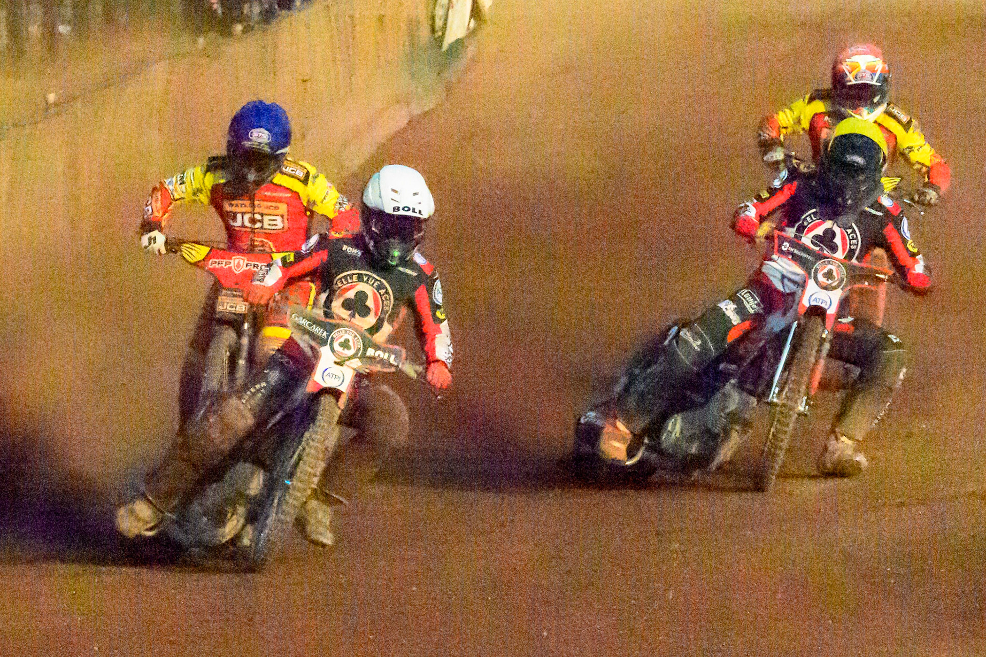 Brady Kurtz of Belle Vue Aces in White and Norick Blodorn of Belle Vue Aces  in Yellow leading  Nick Morris of Leicester Lions  in Red  and Kyle Howarth of Leicester Lions  in Blue during the Rowe Motor Oil Premiership match between Leicester Lions and Belle Vue Aces at the Hydroscan Arena, Leicester on Thursday 23rd July 2026. (Photo: Ian Charles | MI News)