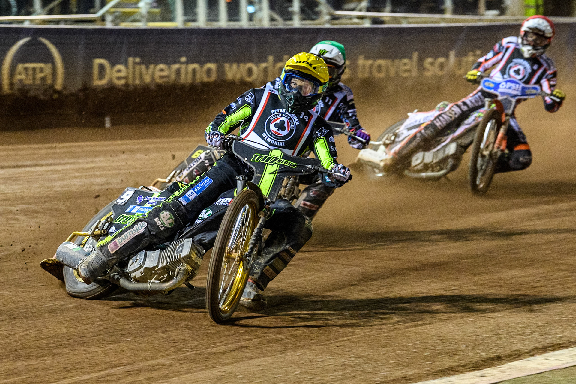 Australia's Jason Doyle (Yellow) leads  Denmark's Niels-Kristian Iversen (Green) and Denmark's Niels-Kristian Iversen (Red) during the Peter Craven Memorial Trophy meeting at the National Speedway Stadium, Manchester on Monday 18th March 2024. (Photo: Ian Charles | MI News)