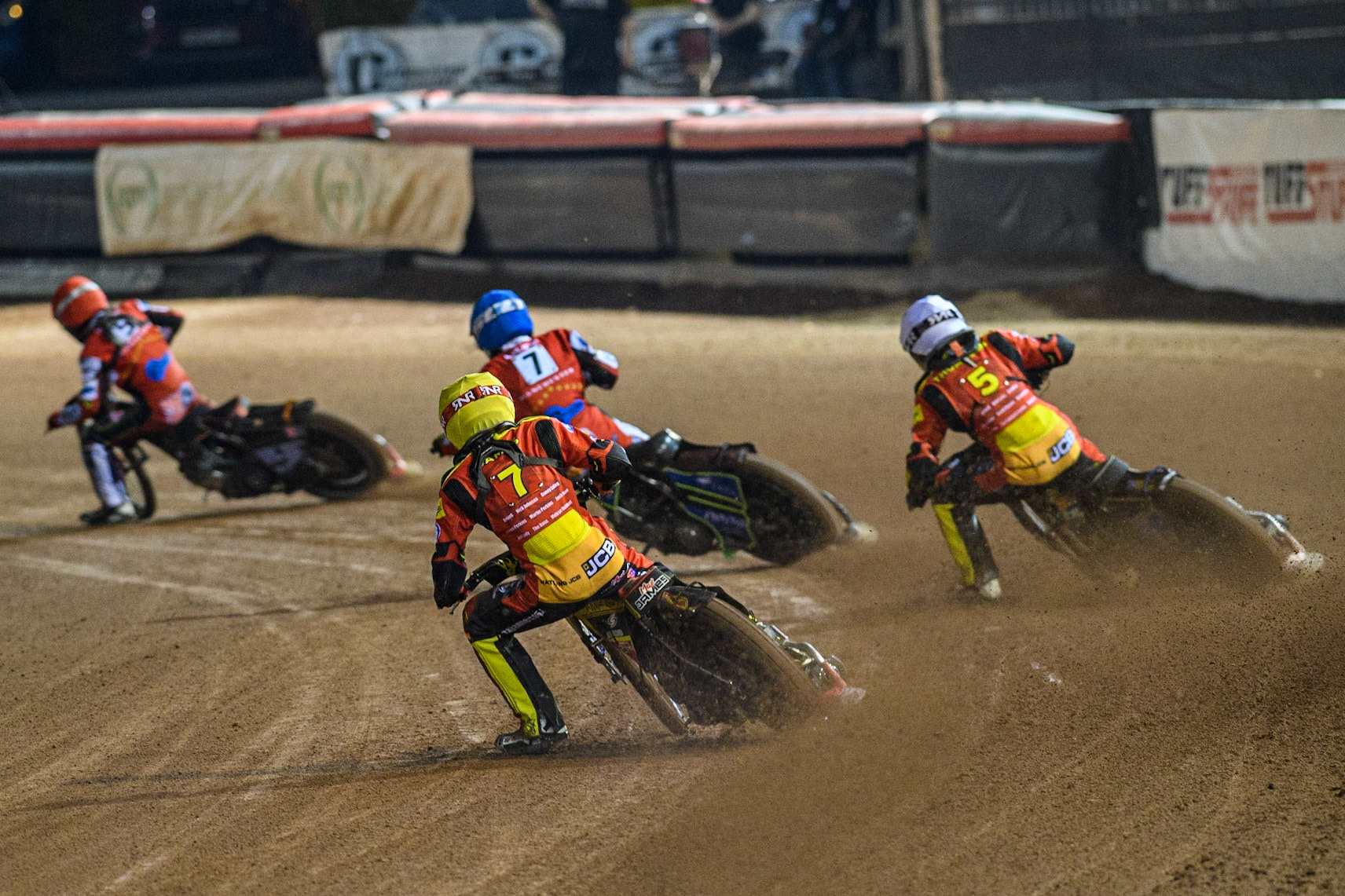 Max James (Yellow) and Joe Thompson (White) chase Luke Muff (Blue) and Jack Smith (Red) during the National Development League match between Belle Vue Colts and Leicester Lion Cubs at the National Speedway Stadium, Manchester on Friday 8th September 2023. (Photo: Ian Charles | MI News)