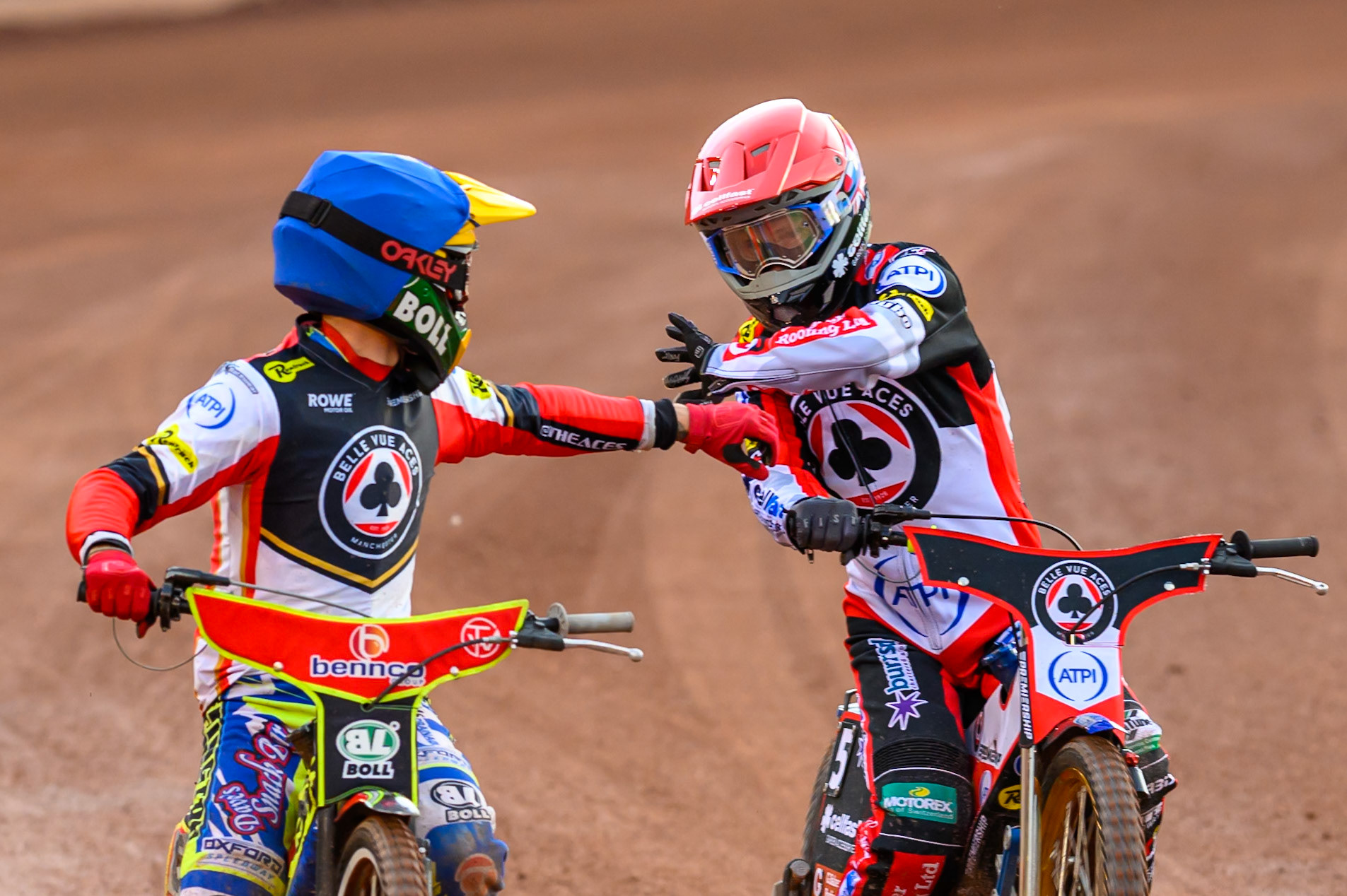 Mitch McDiarmid, Guest Rider for Belle Vue Aces in Blue  and Jason Doyle of Belle Vue Aces in Red celebrate their maximum heat win after Heat 7 during the Rowe Motor Oil Premiership match between Belle Vue Aces and Leicester Lions at the National Speedway Stadium, Manchester on Monday 3rd August 2026. (Photo: Ian Charles | MI News)