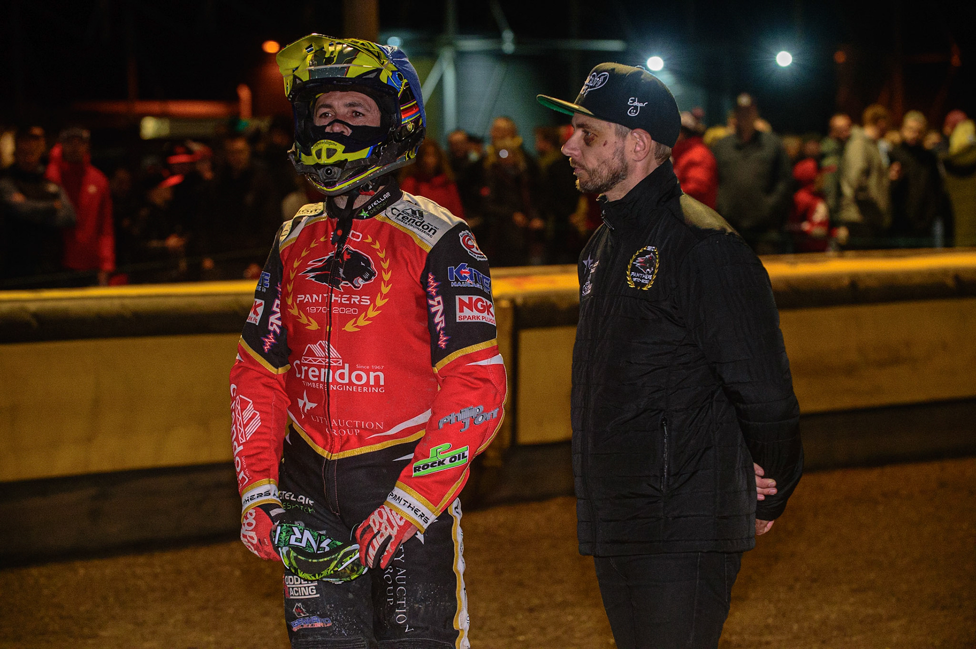 PETERBOROUGH, UK. OCT 14TH Scott Nicholls  (left) with Hans Andersen during the SGB Premiership Grand Final 2nd leg between Peterborough and Belle Vue Aces at East of England Showground, Peterborough on Thursday 14th October 2021. (Credit: Ian Charles | MI News)