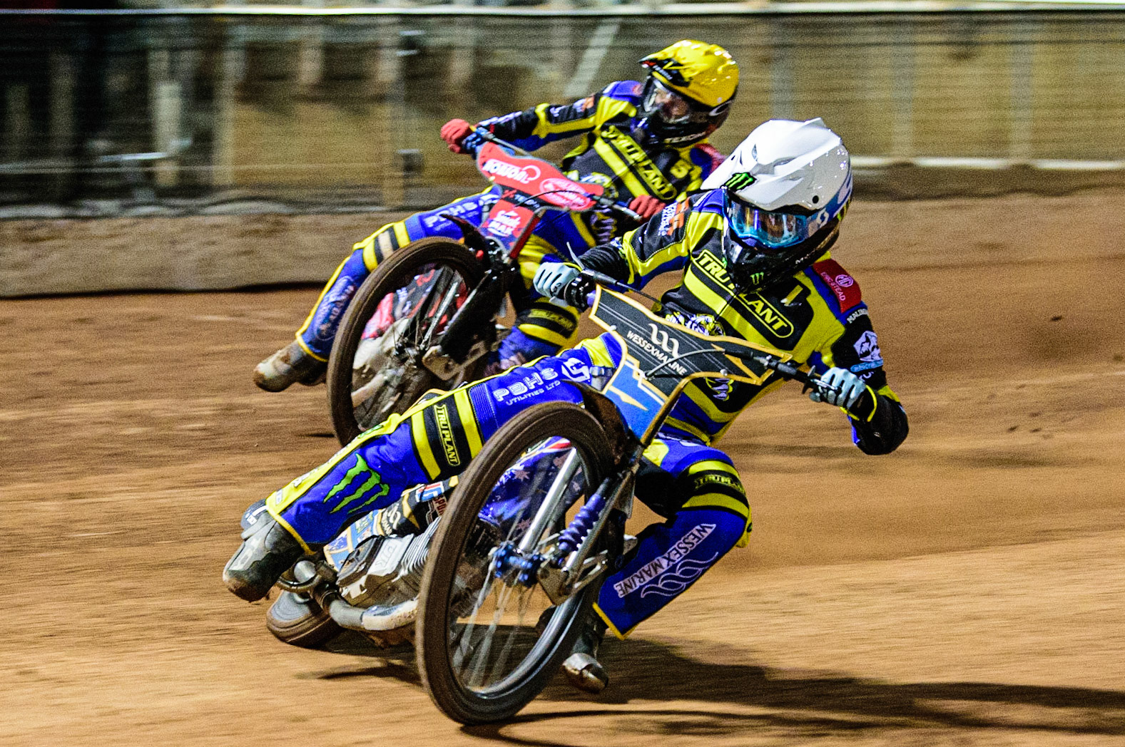 Jack Holder  (White) leads team mate Tobiasz Musielak  (Yellow) during the SGB Premiership match between Belle Vue Aces and Sheffield Tigers at the National Speedway Stadium, Manchester on Monday 27th March 2023. (Photo: Ian Charles | MI News)