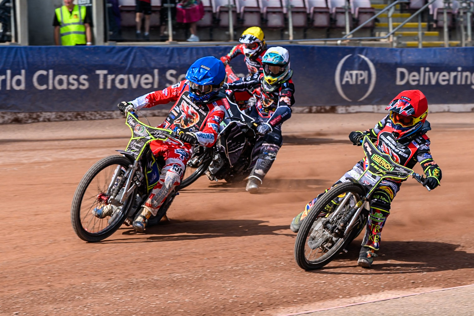 Ollie Binns (91) in Blue leading Archie Rolph (3) in Red, Seth Norman (6) in White and Kayden Mundy (8) in Yellow during the British Youth Speedway Championship at the National Speedway Stadium, Manchester on Sunday 10th August 2025. (Photo: Ian Charles | MI News)