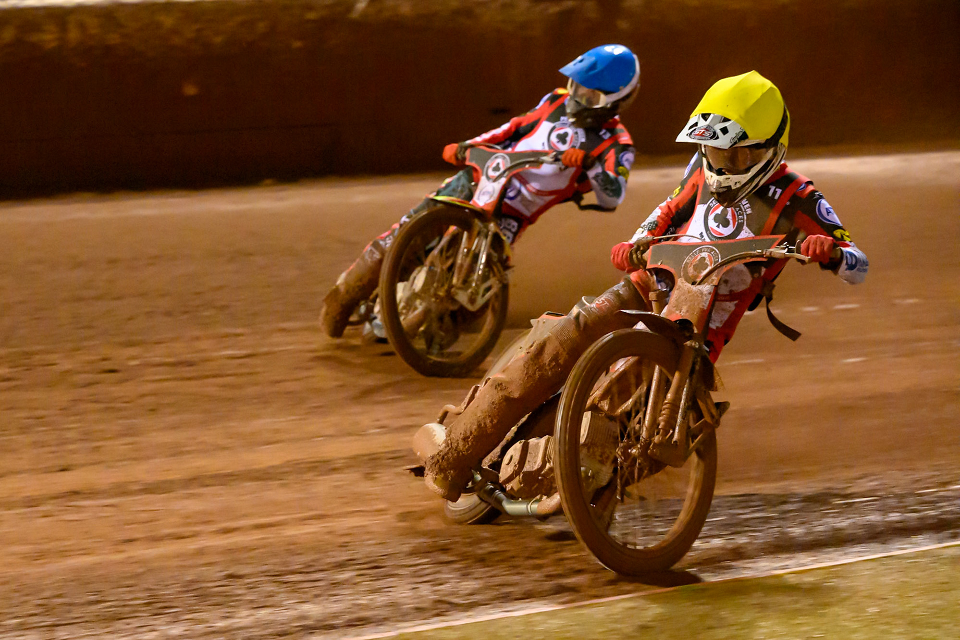 Zach Cook  in Yellow rides inside Tate Zischke  in Blue during the Peter Craven Memorial Trophy at the National Speedway Stadium, Manchester, on Monday 16th March 2026. (Photo: Ian Charles | MI News)