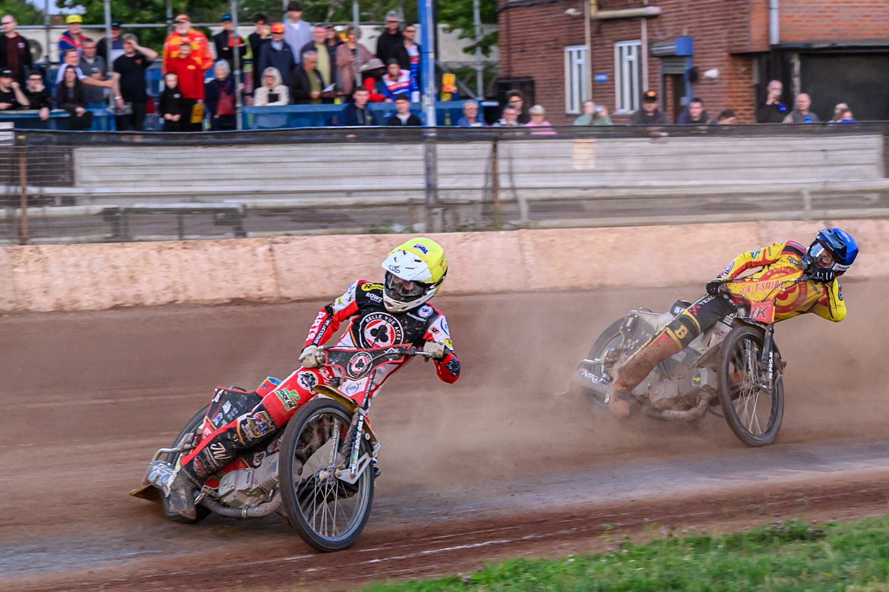 Belle Vue Aces' Tate Zischke  in Yellow leading Birmingham Brummies' Tobias Musielak  in Blue during the Rowe Motor Oil Premiership match between Birmingham Brummies and Belle Vue Aces at Perry Barr Stadium, Birmingham on Monday 28th July 2025. (Photo: Ian Charles | MI News)