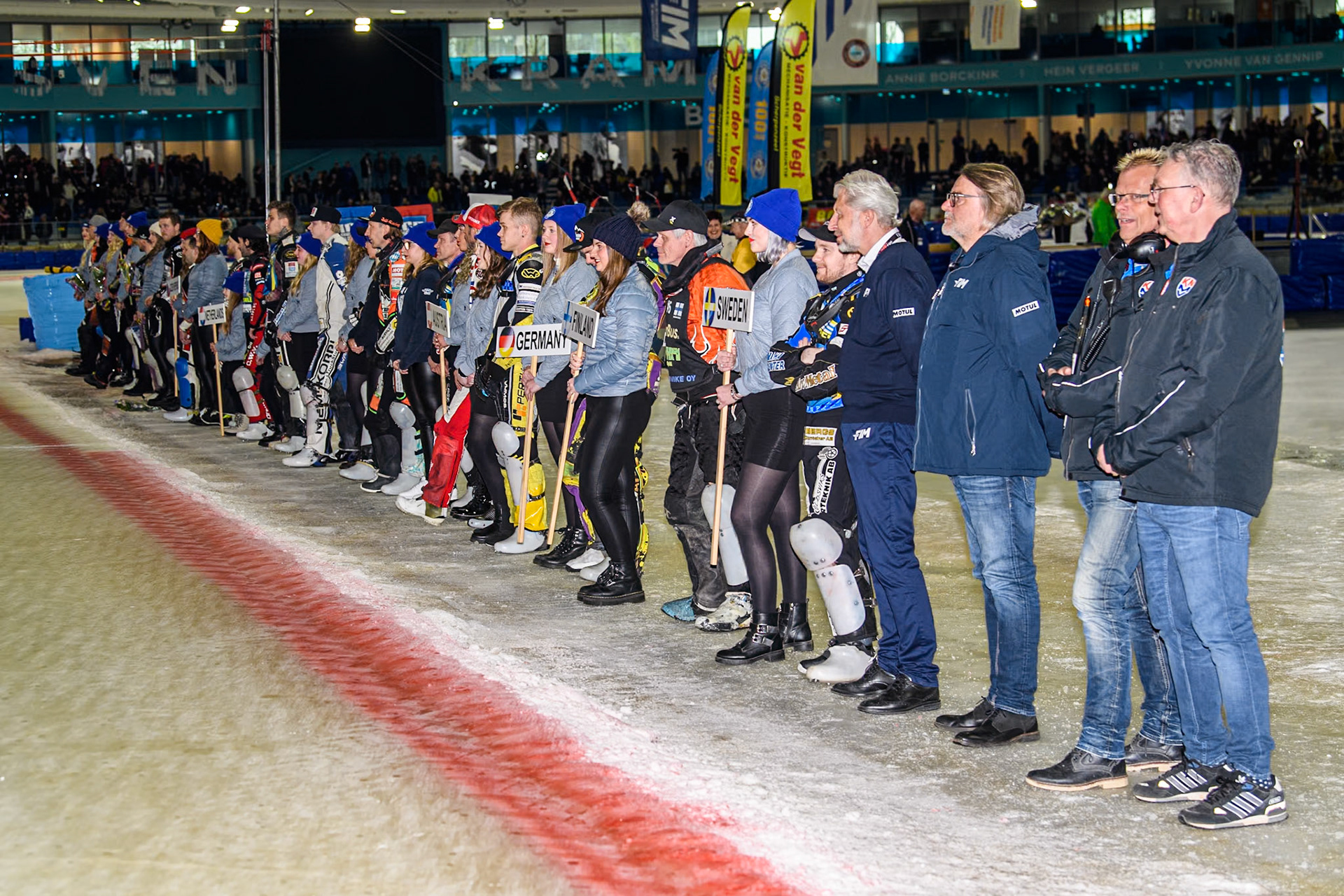 Theparade of riders and officials during the FIM Ice Speedway Gladiators World Championship Final 3 at Ice Rink Thialf, Heerenveen on Saturday 6th April 2024. (Photo: Ian Charles | MI News)