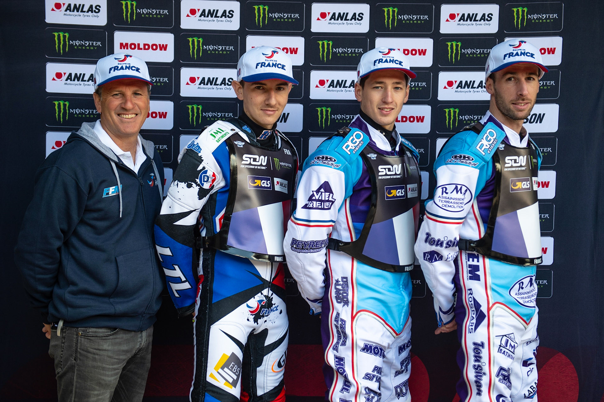 Photo: Ian Charles

France  (l-r) Laurent Sambarrey (Manager), Gaeten Stella, Dimitri Berge, David Bellego

Monster Energy FIM Speedway Of Nations, Race Off 2, Belle Vue National Speedway Stadium, Manchester 7 May  2019