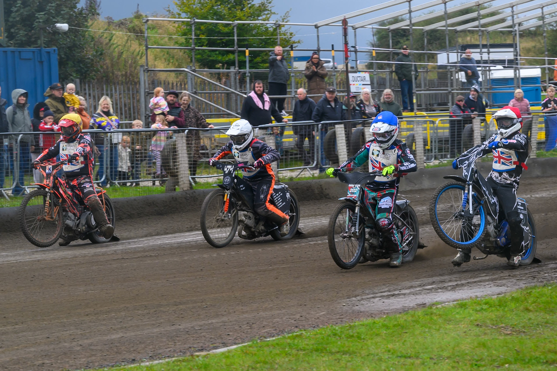 FINAL: (L to R) Alex Spooner in Yellow, Jack Roberts in White, Alfie Bowtell in Blue  and Jason Garrity in Red during the Derbyshire Open at Hi-Edge Speedway, Buxton on Sunday 27th September 2026. (Photo: Ian Charles | MI News)