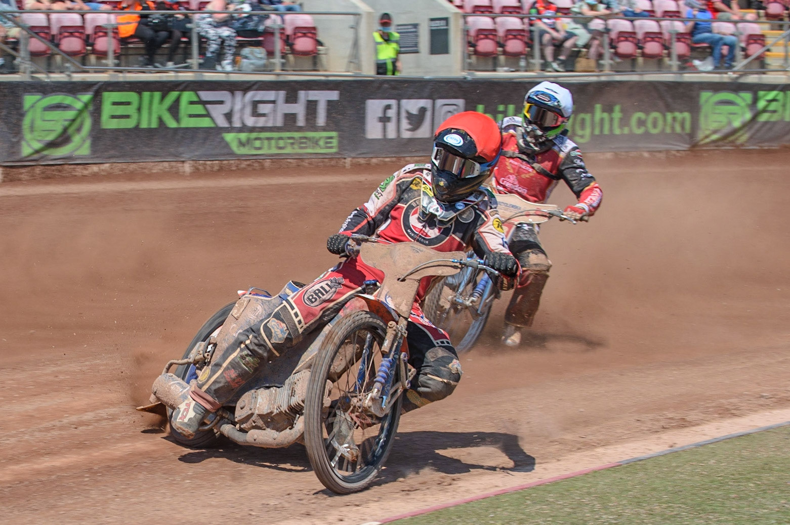 MANCHESTER, UK. MAY 31ST  Brady Kurtz  (Red) leads Hans Andersen  (White) during the SGB Premiership match between Belle Vue Aces and Peterborough at the National Speedway Stadium, Manchester on Monday 31st May 2021. (Credit: Ian Charles | MI News)