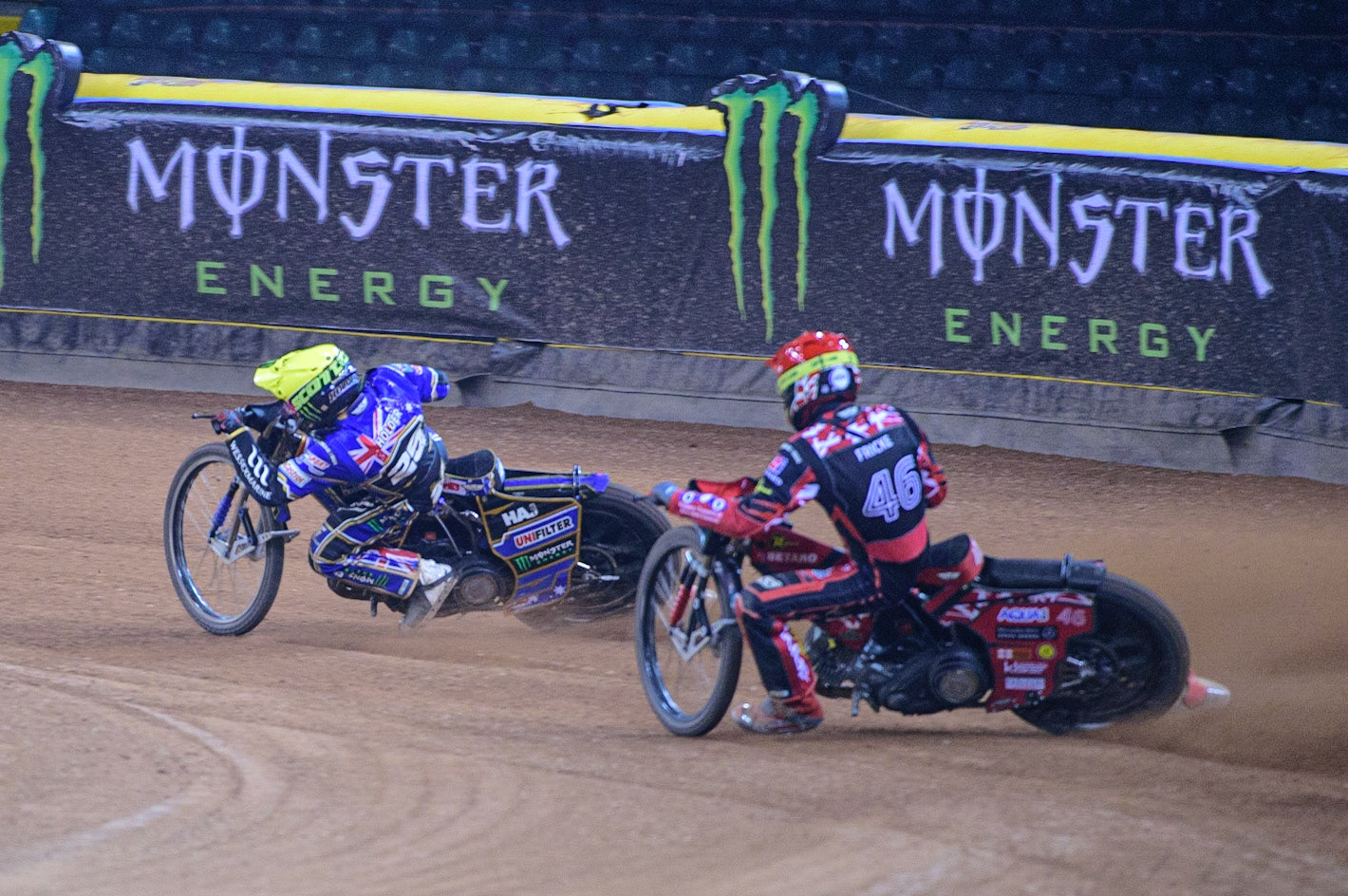 Jack Holder (25) (Yellow) leads  Max Fricke (46) (Red) during the FIM  Speedway Grand Prix of Great Britain at the Principality Stadium, Cardiff on Saturday 13th August 2022. (Credit: Ian Charles | MI News