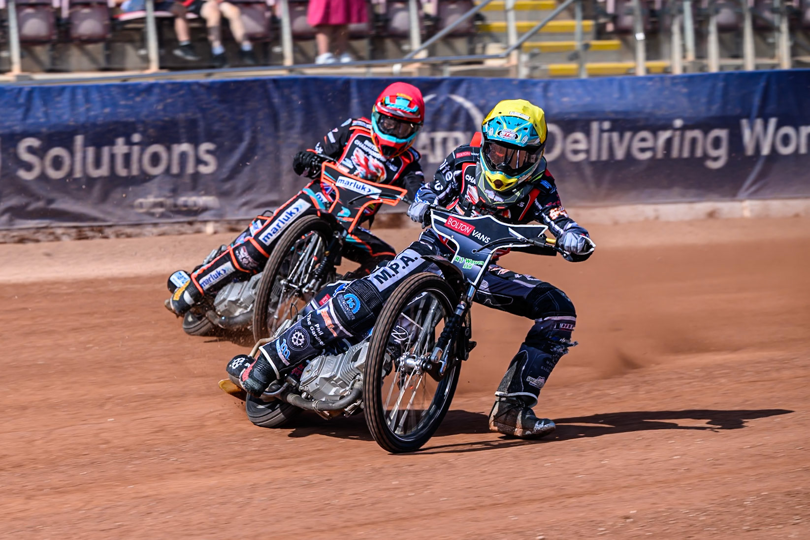 Seth Norman (6) in Yellow leading Casper Kluciniak (505) in Red during the British Youth Speedway Championship at the National Speedway Stadium, Manchester on Sunday 10th August 2025. (Photo: Ian Charles | MI News)