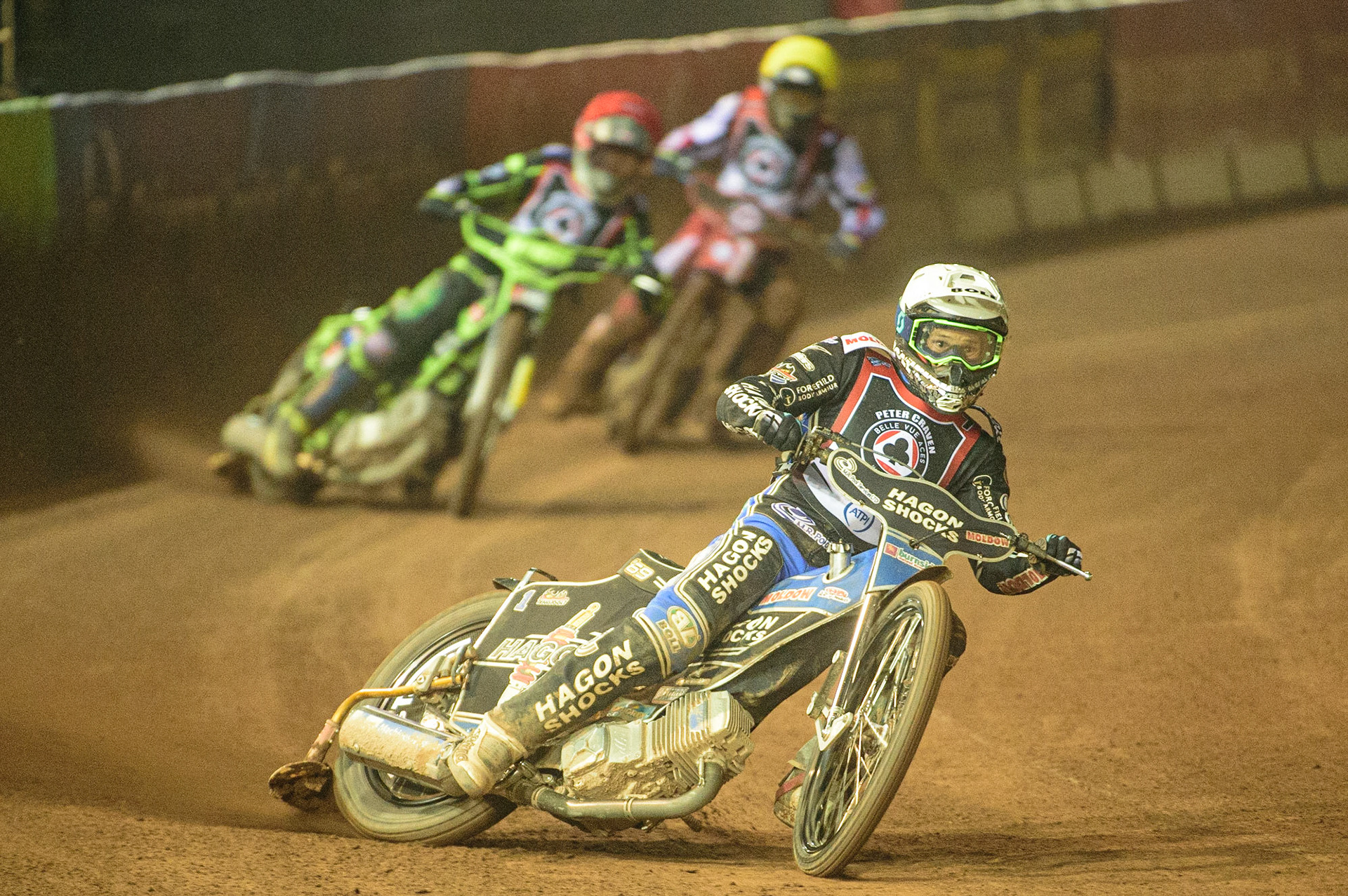 MANCHESTER, UK. MAR 21ST. Jason Doyle (White) leads Max Fricke (Red) and Brady Kurtz (Yellow) during the ATPI Peter Craven Memorial Trophy at the National Speedway Stadium, Manchester on Monday 21st March 2022. (Credit: Ian Charles | MI News)