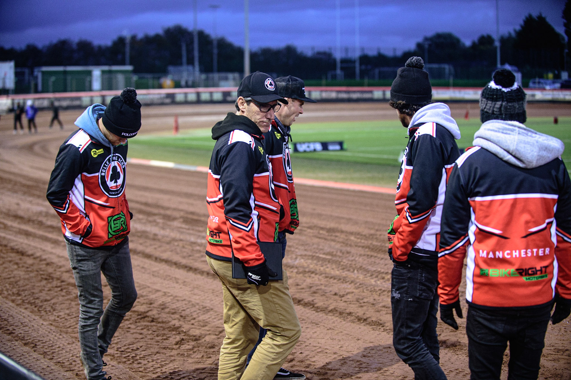 MANCHESTER, UK. OCT 11TH  The Belle Vue BikeRight Aces on their track walk during the SGB Premiership Grand Final 1st Leg between Belle Vue Aces and Peterborough Panthers at the National Speedway Stadium, Manchester on Monday 11th October 2021. (Credit: Ian Charles | MI News)
