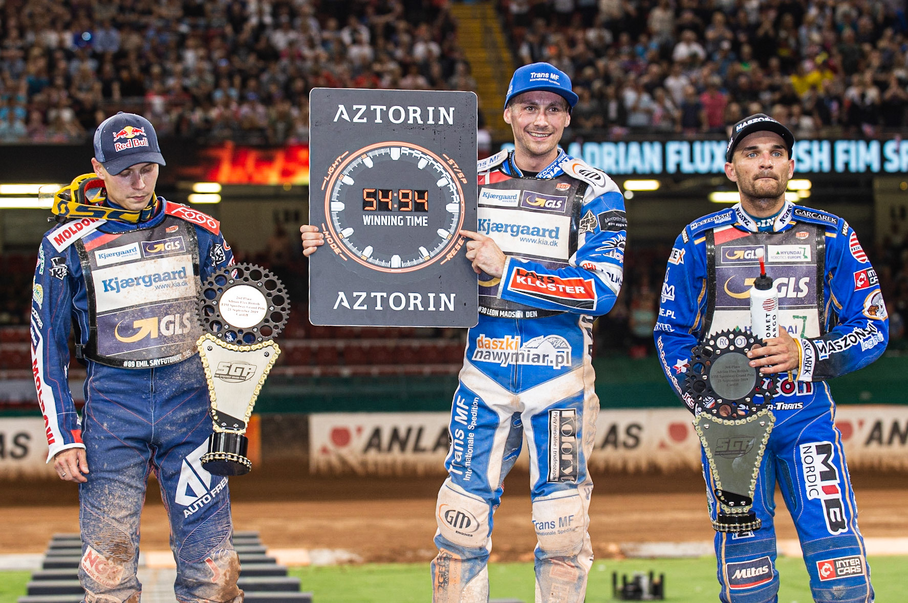 CARDIFF,WALES Leon Madsen holds the Atorzin trophy with the time of the Final during the ADRIAN FLUX BRITISH FIM SPEEDWAY GRAND PRIX at the Principality Stadium, Cardiff on Saturday 21st September 2019. (Credit: Ian Charles | MI News)