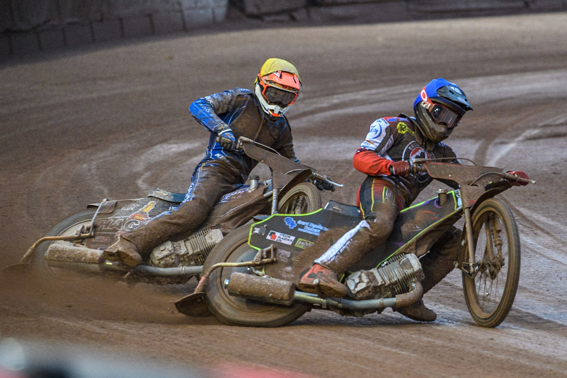 Tom Brennan (Blue) leads Jason Edwards (Yellow) during the Sports Insure Premiership match between Belle Vue Aces and King's Lynn Stars at the National Speedway Stadium, Manchester on Monday 12th June 2023. (Photo: Ian Charles | MI News)