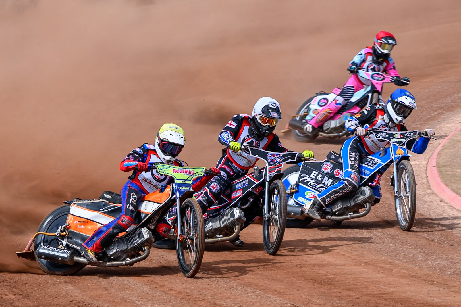 COLTS ACADEMY INDIVIDUAL EVENT Harry Fletcher in Yellow rides outside Jack Shimelt in White, Lee Harrison in Blue  with Anika Loftus in Red behind during the JR Ashworth &amp; Sons Colts Academy Event at the National Speedway Stadium, Manchester on Sunday 19th July 2026. (Photo: Ian Charles | MI News)