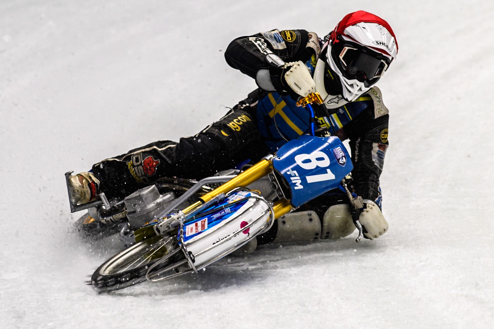 Jimmy Olsén (81) of Sweden in action during the Ice Speedway Gladiators World Championship Final 1 at Max-Aicher-Arena, Inzell on Saturday 15th March 2025. (Photo: Ian Charles | MI News)