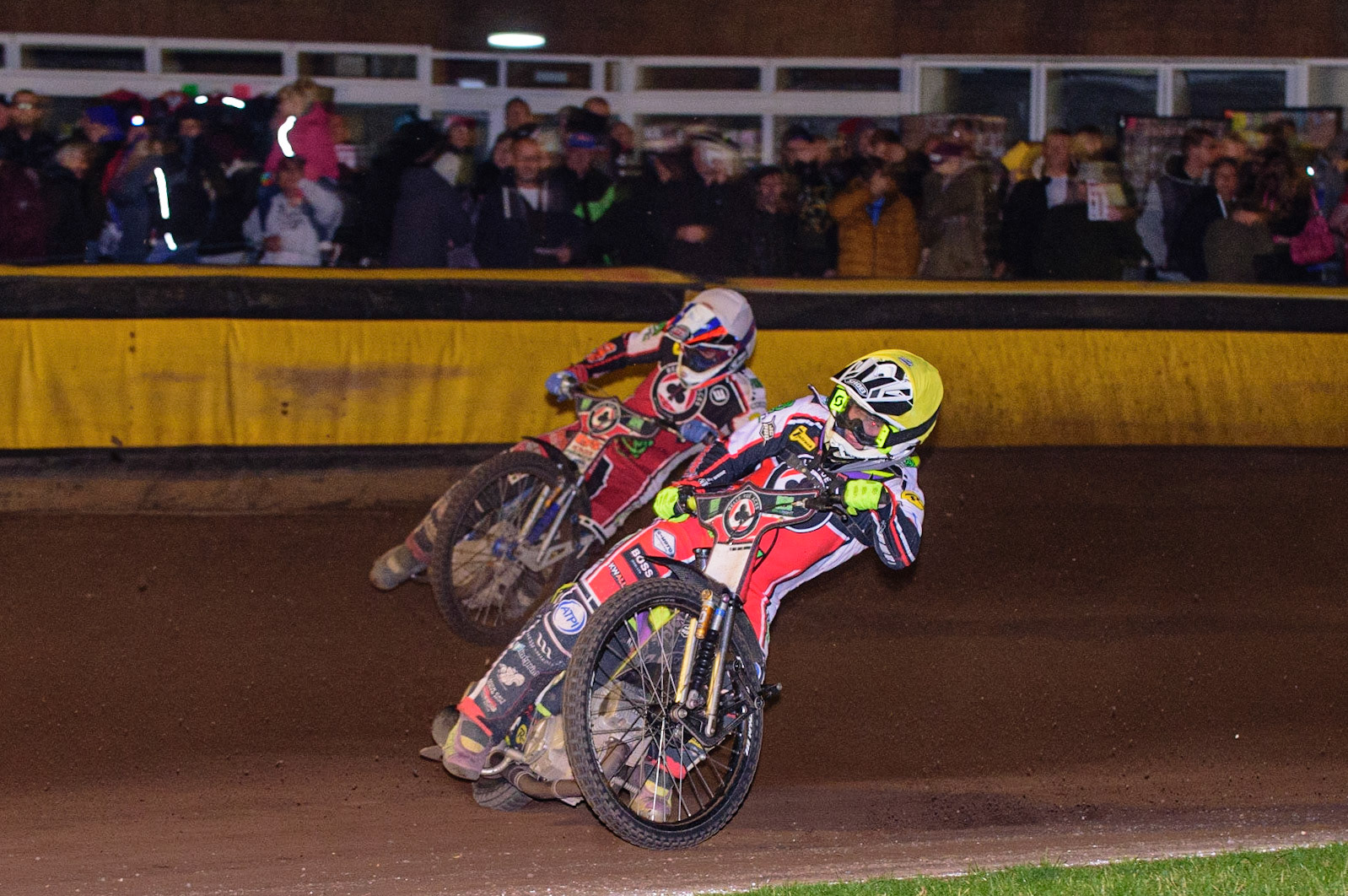 PETERBOROUGH, UK. OCT 14TH Tom Brennan  (Yellow) inside Steve Worrall   (White) during the SGB Premiership Grand Final 2nd leg between Peterborough and Belle Vue Aces at East of England Showground, Peterborough on Thursday 14th October 2021. (Credit: Ian Charles | MI News)