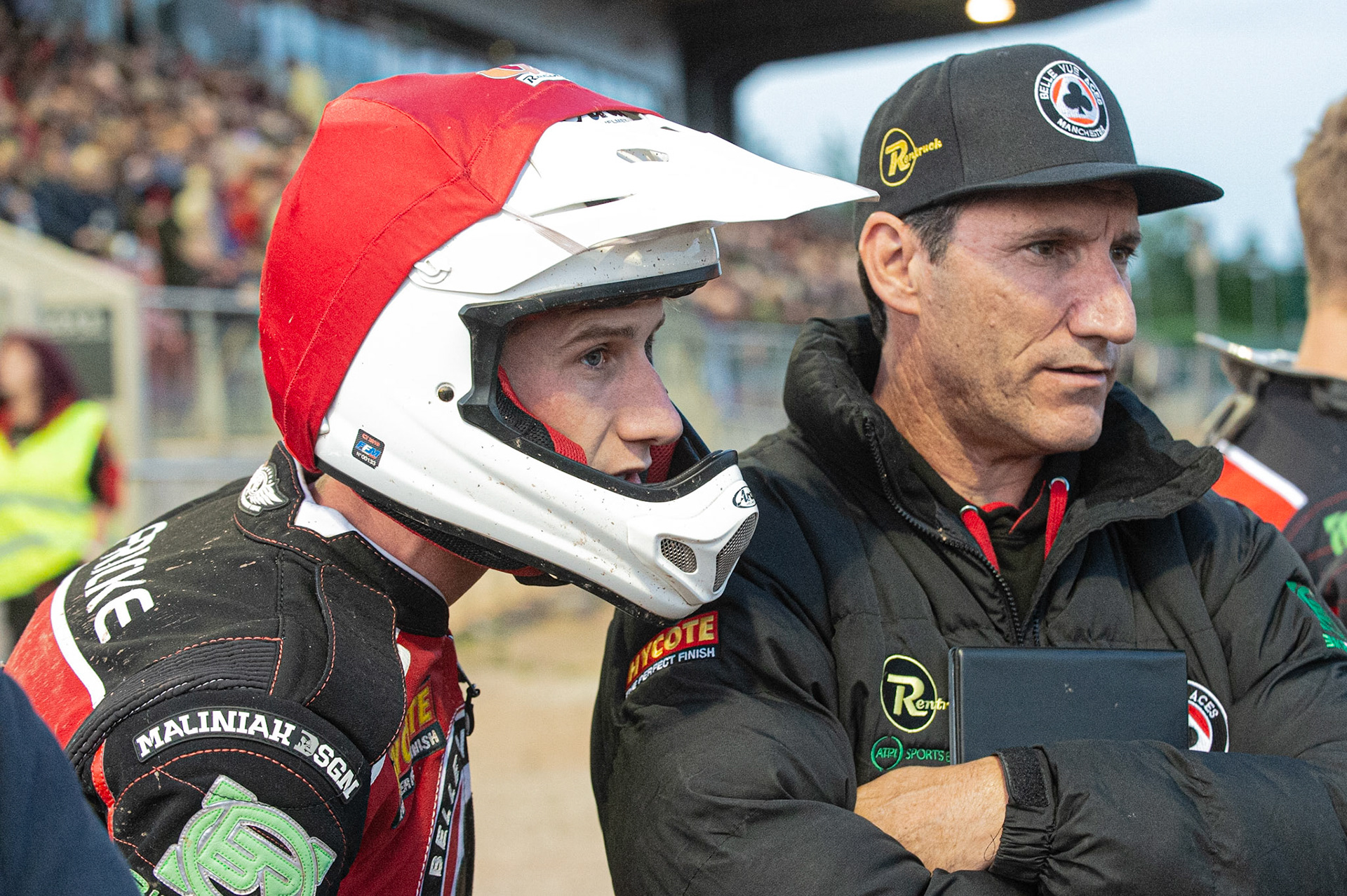Photo by Ian Charles

Max Fricke (left) with Mark Lemon  


Belle Vue Aces v Swindon Robins, British Speedway Premiership, Belle Vue National Speedway Stadium, Manchester, Monday 12  August  2019