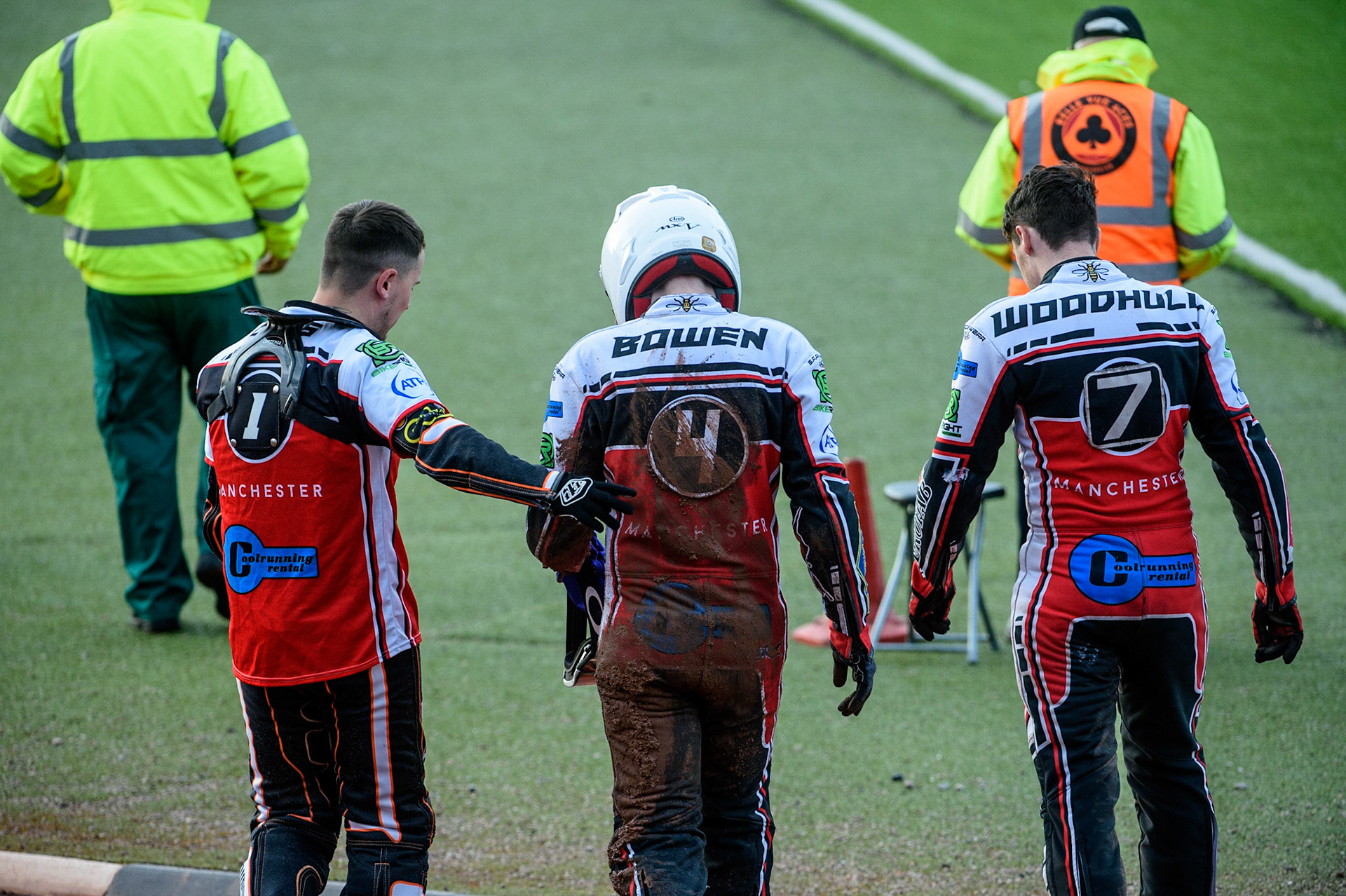 MANCHESTER, UK. JULY 29TH   Jack Smith  (left) and Ben Woodhull  walk back to the pits with Paul Bowen  after his fall during the National Development League match between Belle Vue Colts and Leicester Lion Cubs at the National Speedway Stadium, Manchester on Thursday 29th July 2021. (Credit: Ian Charles | MI News)