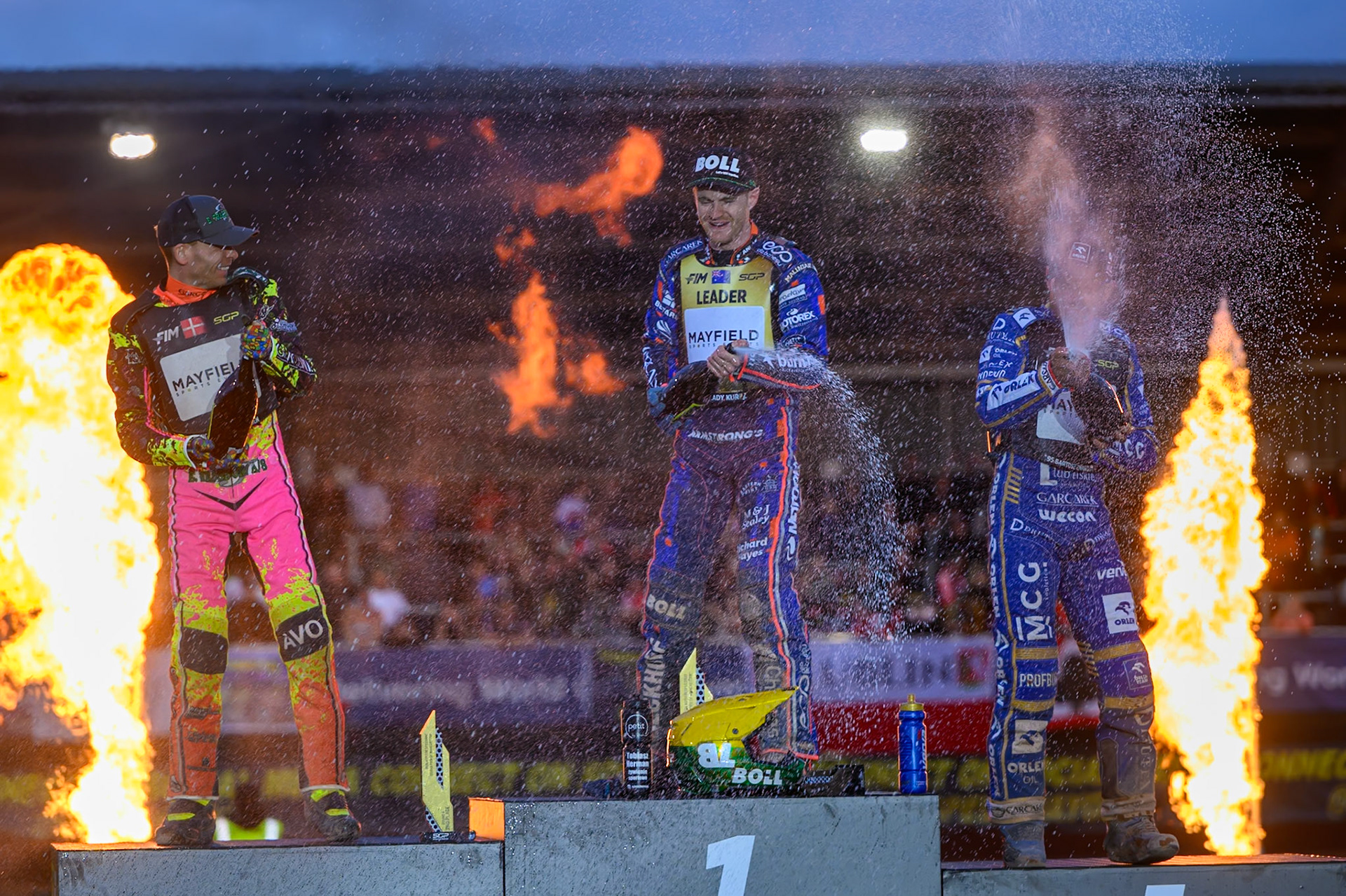 Champagne capers during the ATPI  FIM Speedway GP of Manchester at the National Speedway Stadium, Manchester on Saturday 6th June 2026. (Photo: Ian Charles | MI News)