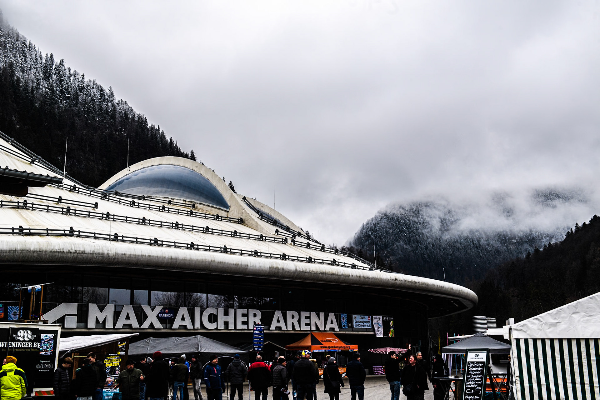 The mist on the mountains around the Max-Aicher-Arena during the Ice Speedway Gladiators World Championship Final 2 at Max-Aicher-Arena, Inzell on Sunday 16th March 2025. (Photo: Ian Charles | MI News)