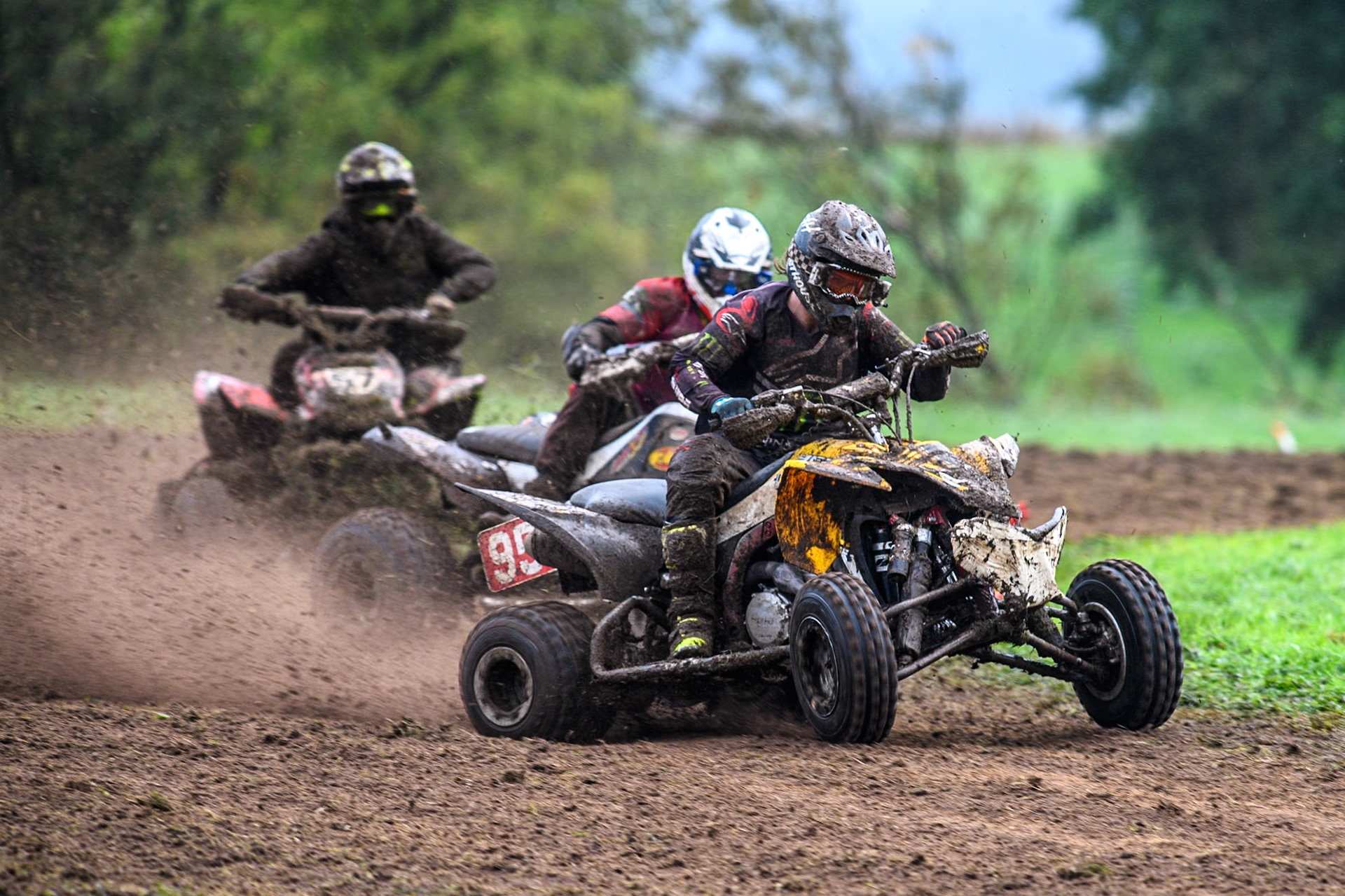 Iestyn Rees (95) leading Ethan Williams (57)  and Dean Morford (3) in the Quad Class during the ACU British Upright Championships at Woodhouse Lance, Gawsworth, Cheshire on Sunday 8th September 2024. (Photo: Ian Charles | MI News)
