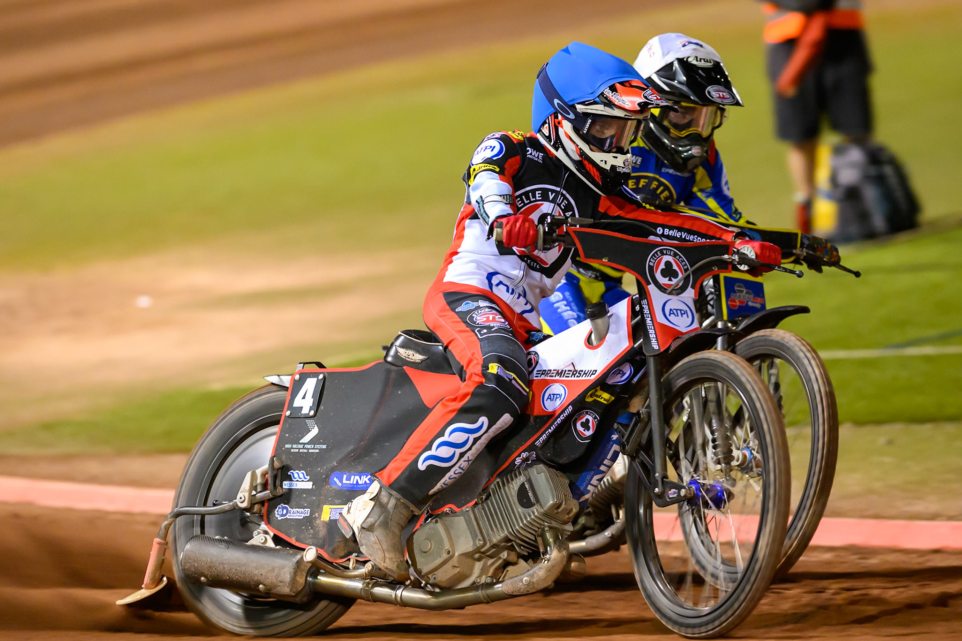 Zach Cook of Belle Vue Aces in Blue leading Josh Pickering of Sheffield Tigers in White during the Rowe Motor Oil Premiership match between Belle Vue Aces and Sheffield Tigers at the National Speedway Stadium, Manchester on Monday 14th September 2026. (Photo: Ian Charles | MI News)