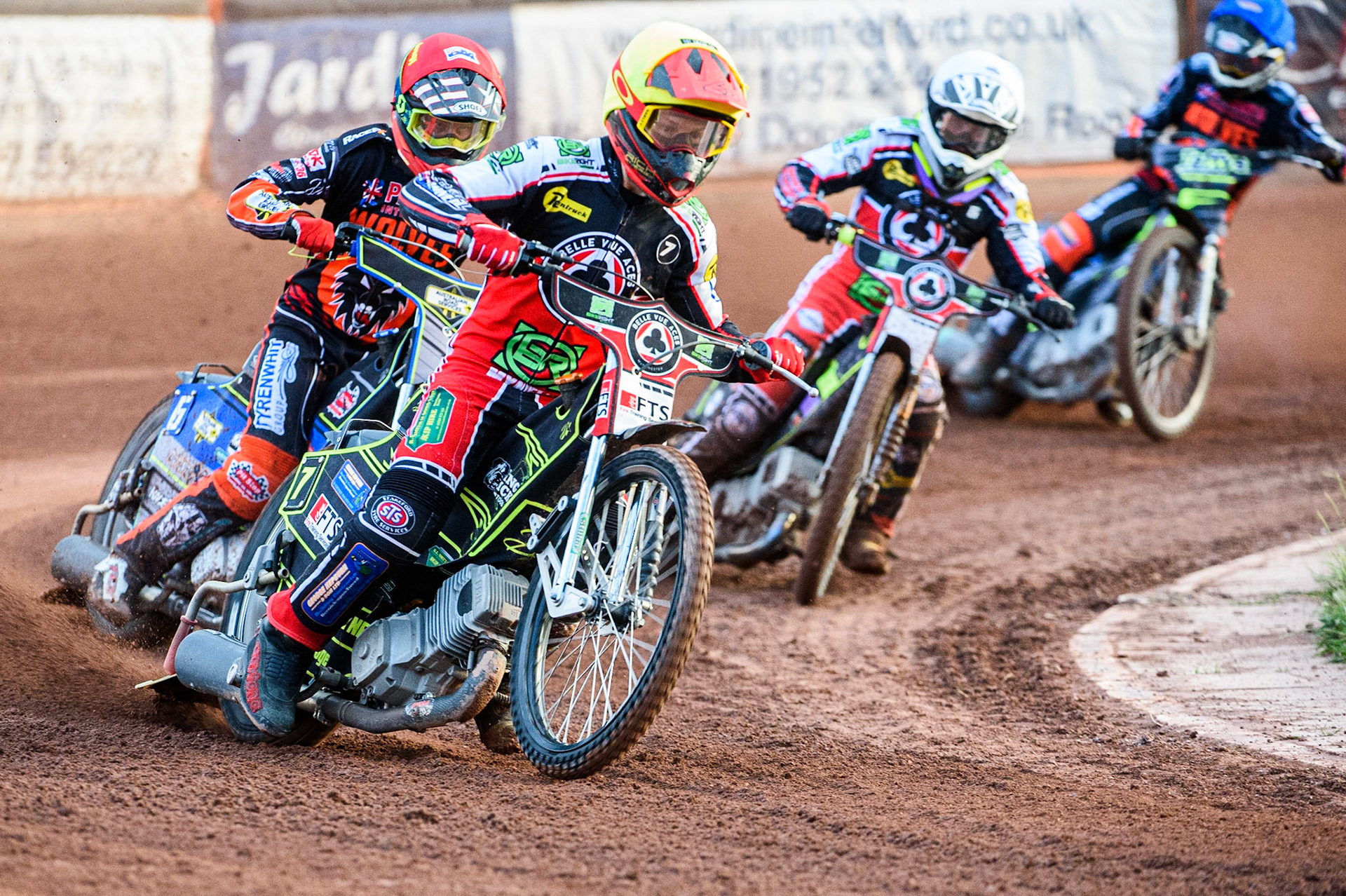 WOLVERHAMPTON, UK. JULY 26TH  Jye Etheridge  (Yellow) leads Ryan Douglas  (Red) Tom Brennan  (White) and Leon Flint  (Yellow)during the SGB Premiership match between Wolverhampton Wolves and Belle Vue Aces at the Ladbroke Stadium, Wolverhampton on Monday 26th July 2021. (Credit: Ian Charles | MI News)