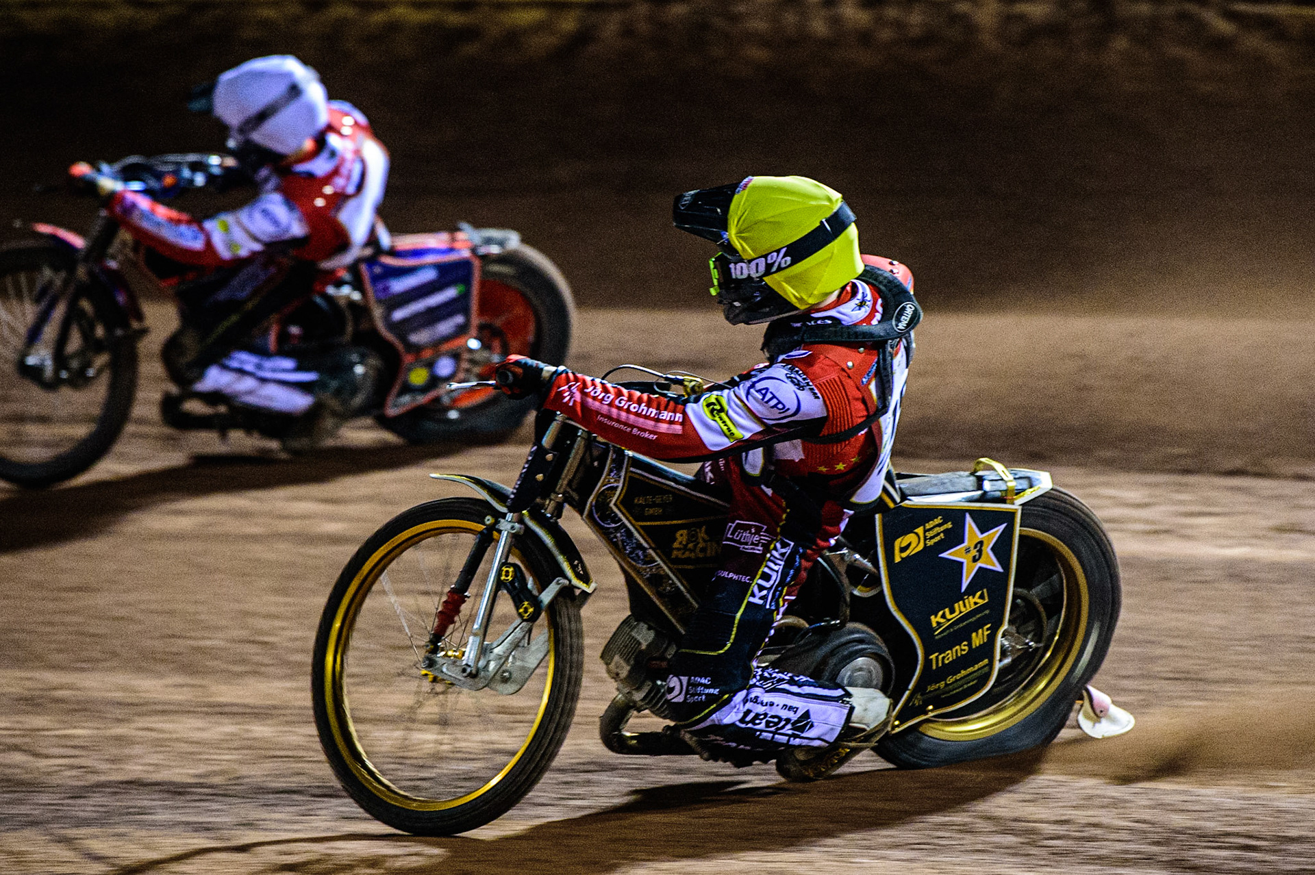 Norick Blodorn  (Yellow) chases Brady Kurtz  (White) during the Peter Craven Memorial Trophy  at the National Speedway Stadium, Manchester on Monday 3rd April 2023. (Photo: Ian Charles | MI News)