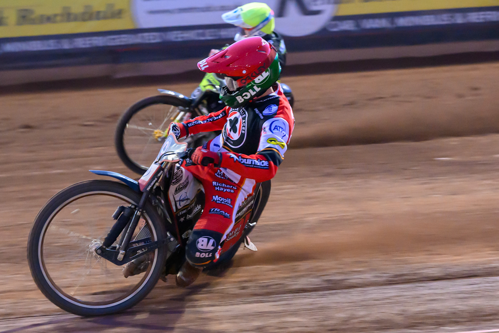 Brady Kurtz of Belle Vue Aces  in Red on the inside of\ Emil Sayfutdinov of Ipswich Witches  in Yellow during the Rowe Motor Oil Premiership match between Belle Vue Aces and Ipswich Witches at the National Speedway Stadium, Manchester on Monday 4th August 2025. (Photo: Ian Charles | MI News)