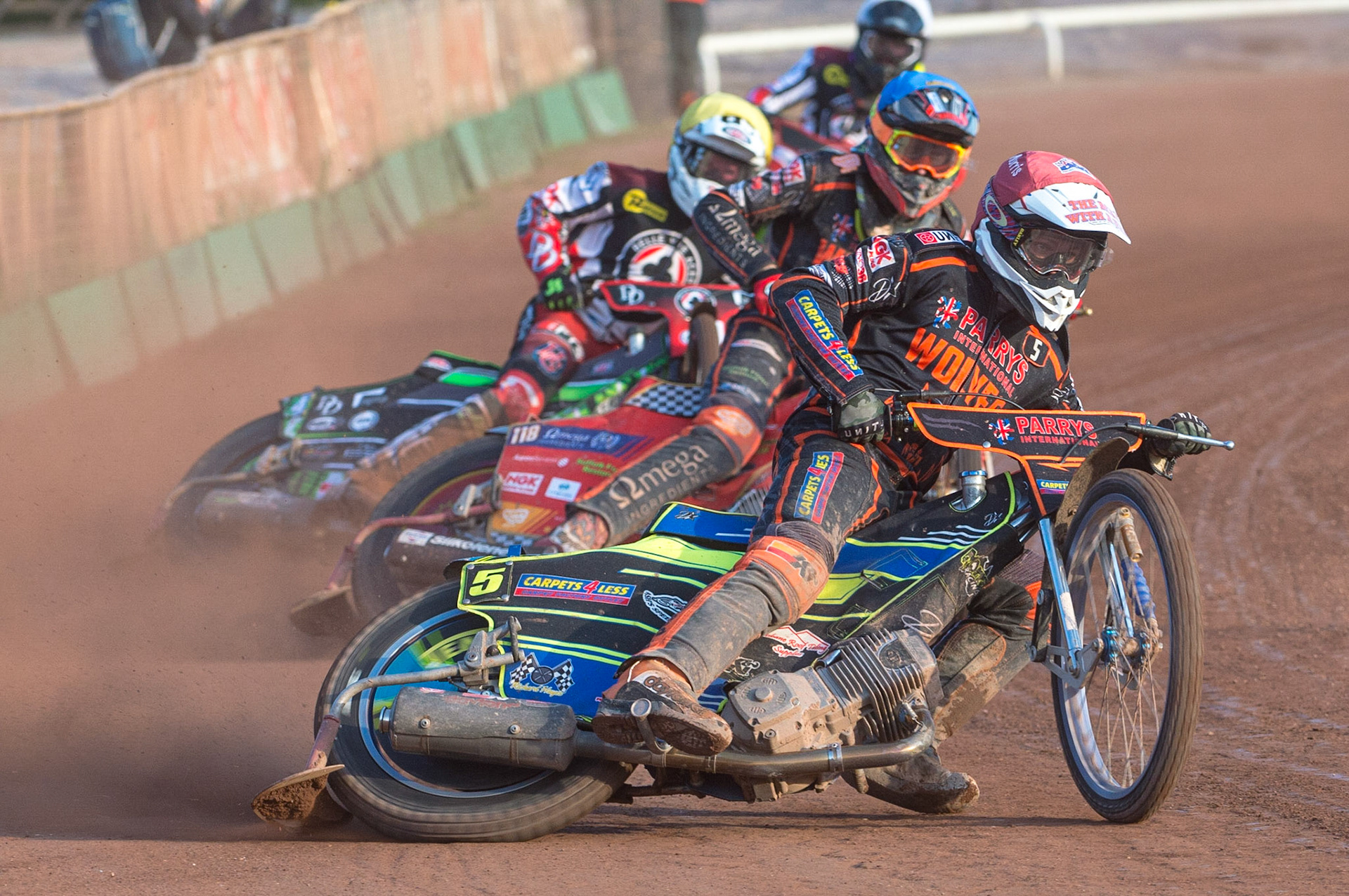 WOLVERHAMPTON, UK. JUN 20TH Nick Morris  (Red) and Drew Kemp  (Blue) lead Charles Wright  (Yellow) and Tom Brennan  (White) during the SGB Premiership match between Wolverhampton Wolves and Belle Vue Aces at Monmore Green Stadium, Wolverhampton on Monday 20th June 2022. (Credit: Ian Charles | MI News)
