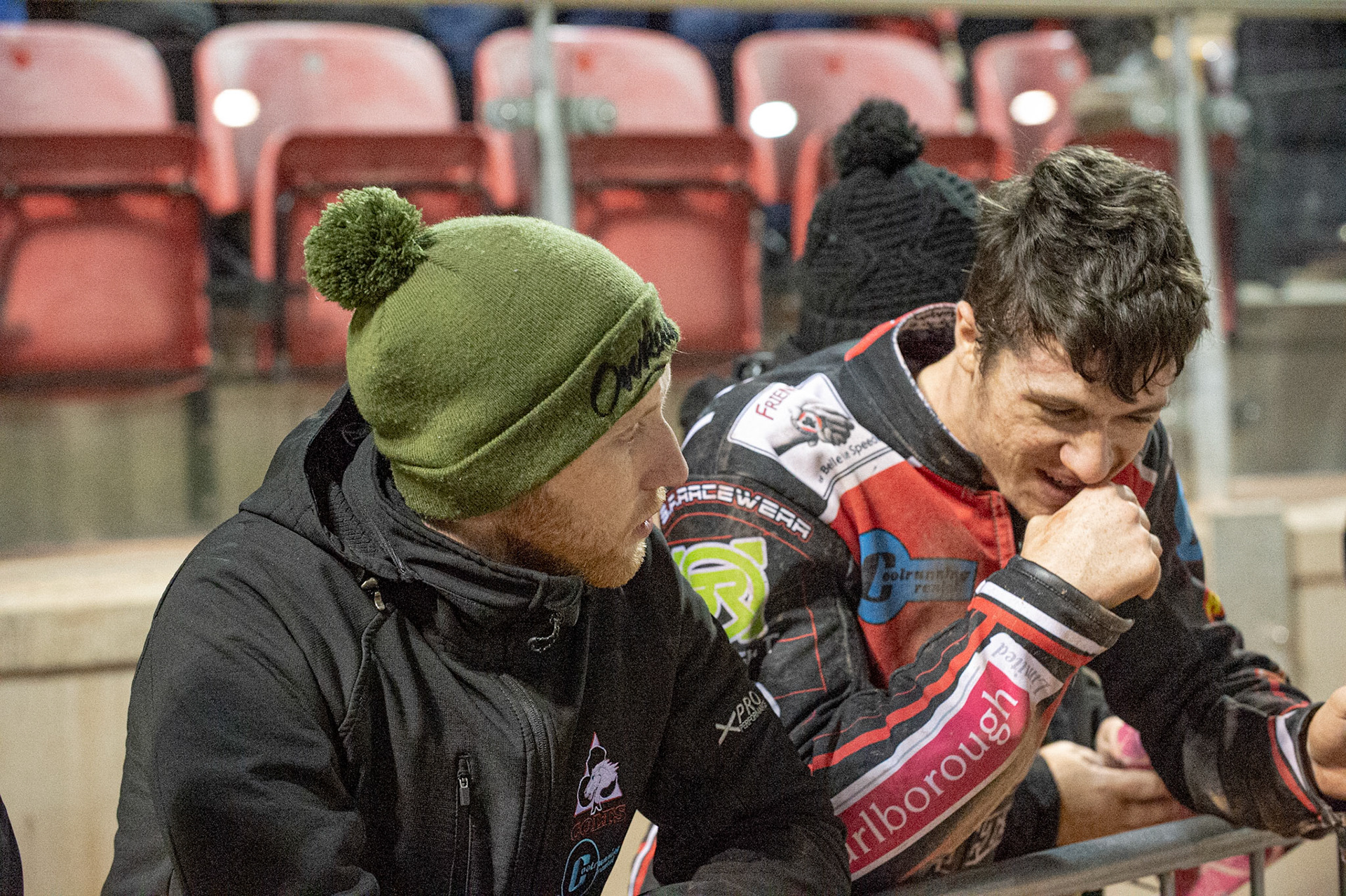 Photo: Ian Charles

Injured Colts rider Paul Bowen (left) chats with Ben Woodhull 

Belle Vue Colts v Leicester Lion Cubs, SGB National League KO Cup Final (2nd Leg), Belle Vue National Speedway Stadium, Manchester, Tuesday 29  October  2019