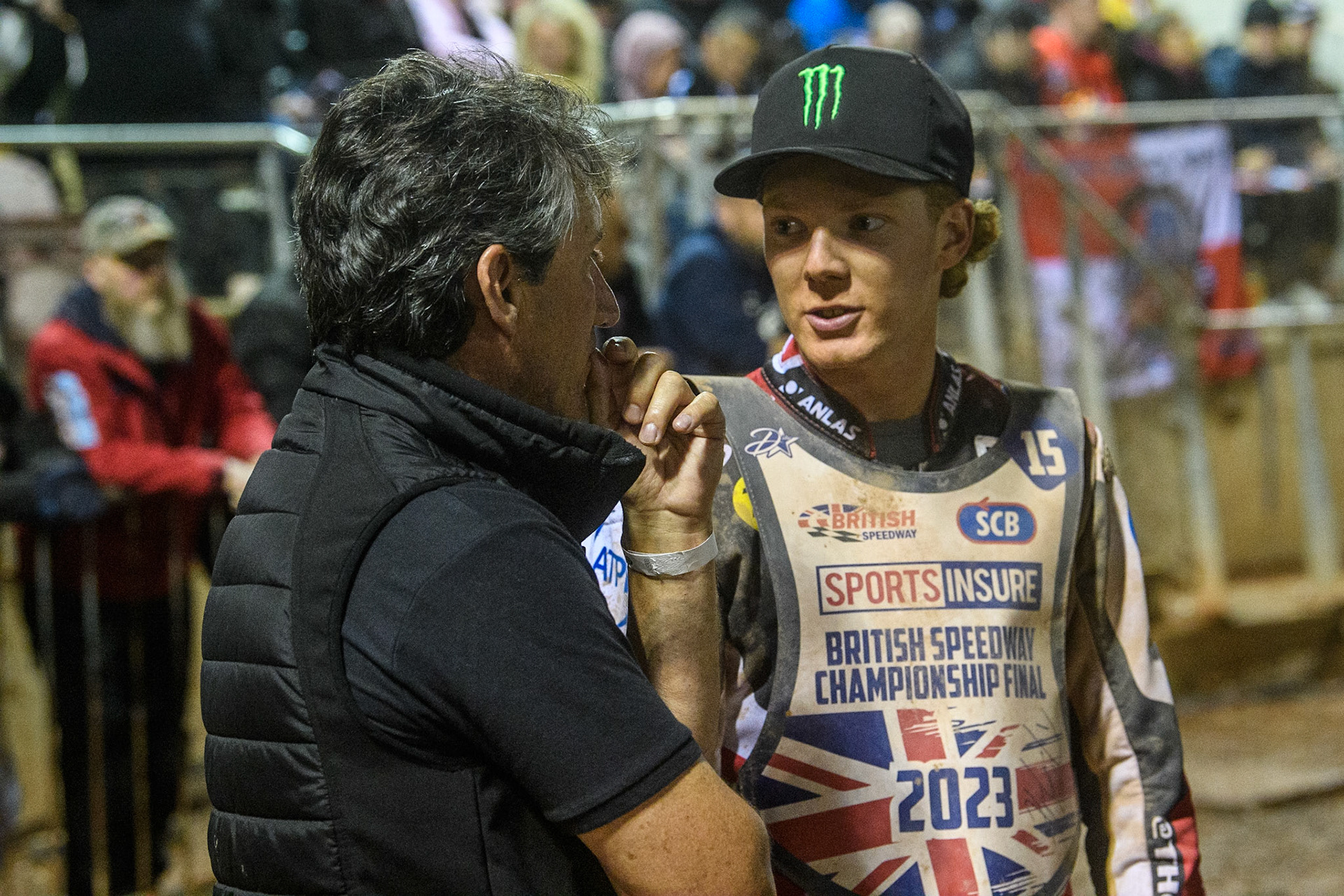 Dan Bewley (right) chats with Belle Vue CEO Mark Lemonduring the Sports Insure British Speedway Final at the National Speedway Stadium, Manchester on Monday 14th August 2023. (Photo: Ian Charles | MI News)