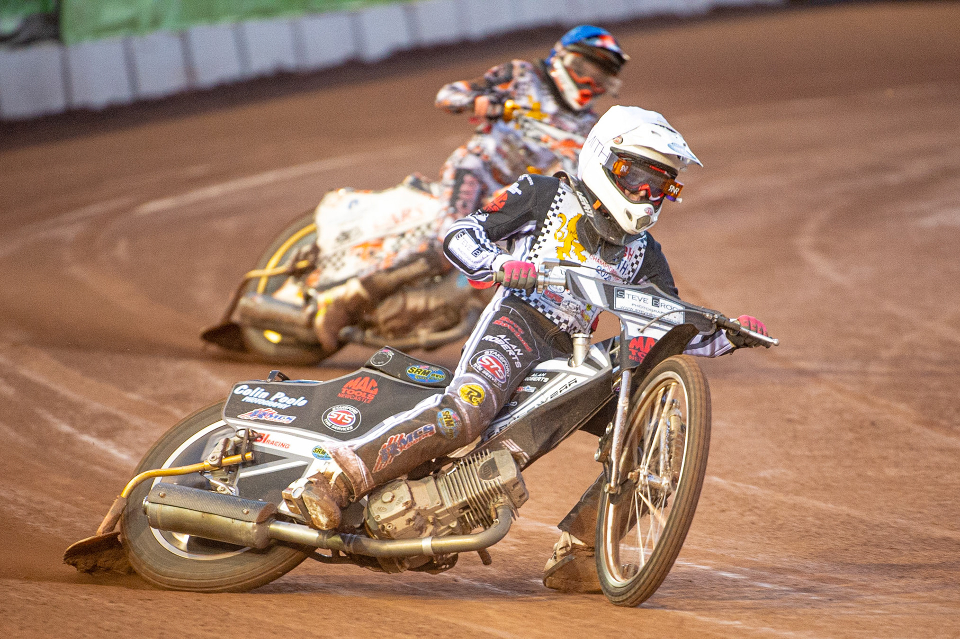 Photo: Ian CharlesArchie Freeman (White) leads Mickey Simpson (Blue) (500cc A Class)British Youth Speedway Championship (Round 5), National Speedway Stadium, Manchester Saturday  10  October  2020