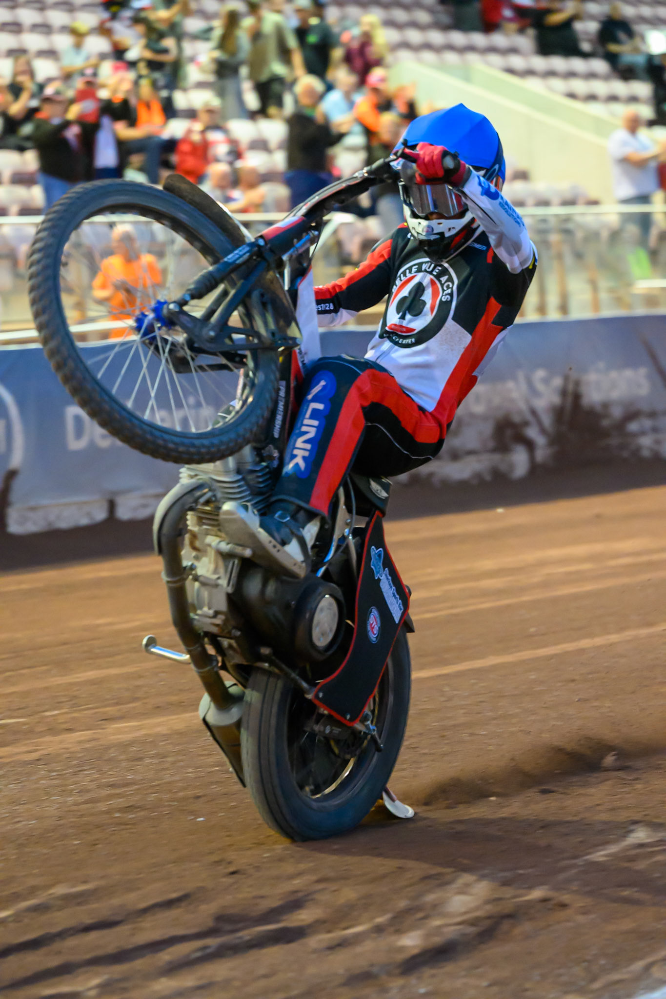 Zach Cook of Belle Vue Aces celebrates with a wheelie during the Rowe Motor Oil Premiership match between Belle Vue Aces and Leicester Lions at the National Speedway Stadium, Manchester on Monday 3rd August 2026. (Photo: Ian Charles | MI News)