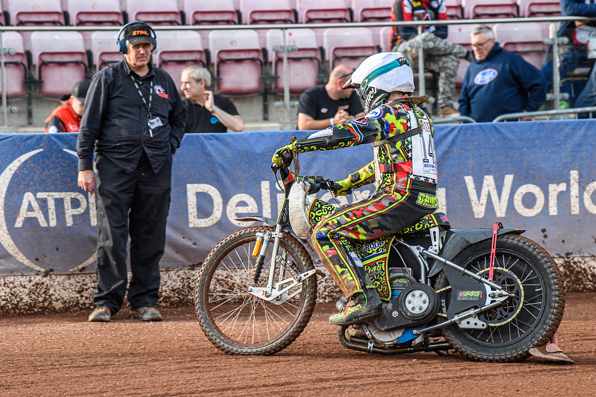 William Cairns rides back to the pits after losing his steel shoe during the heat during the British Youth Speedway Championships at the National Speedway Stadium, Manchester on Friday 21st July 2023. (Photo: Ian Charles | MI News)
