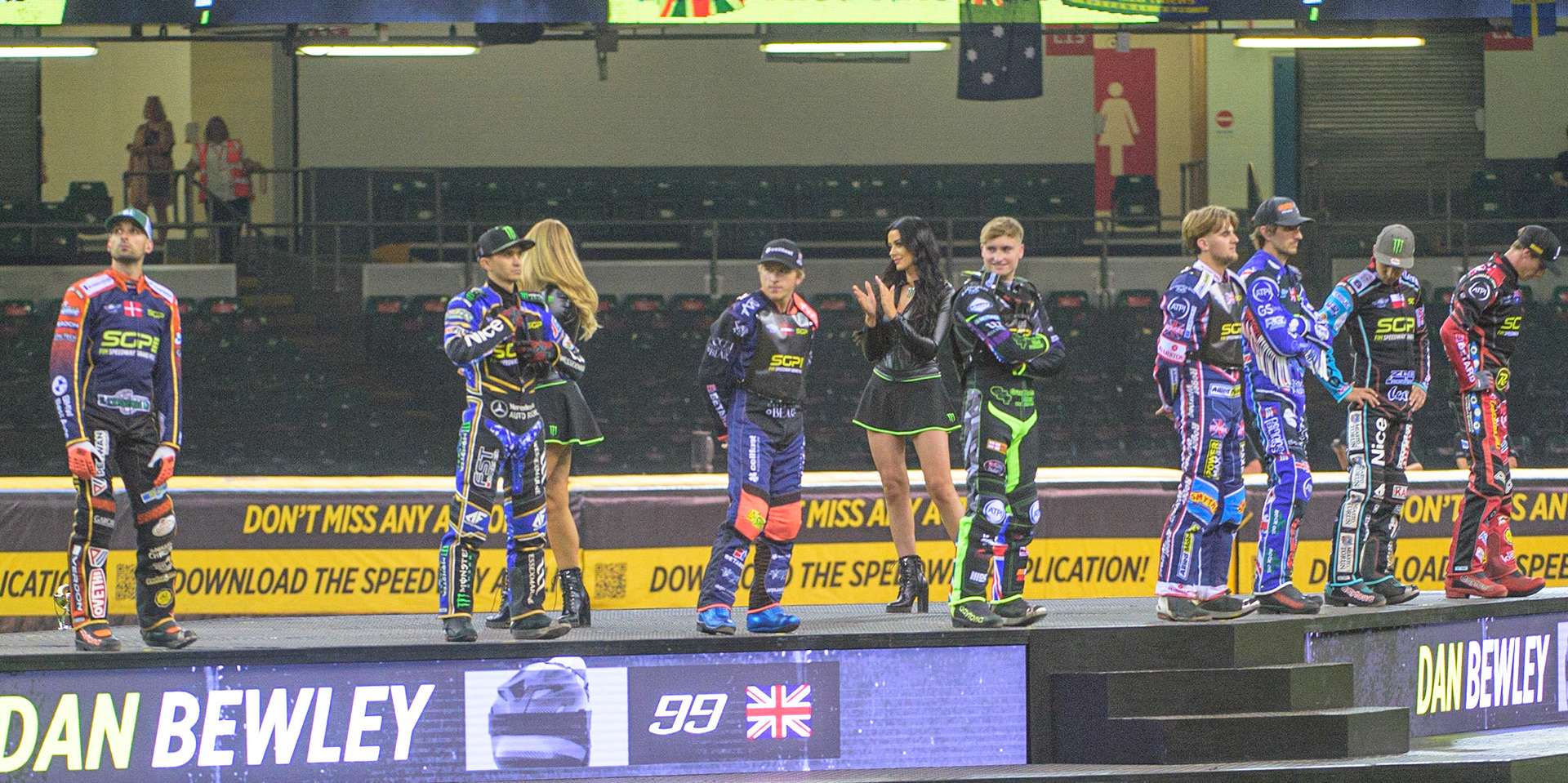 GP Riders on the presentation podium during the FIM  Speedway Grand Prix of Great Britain at the Principality Stadium, Cardiff on Saturday 13th August 2022. (Credit: Ian Charles | MI News